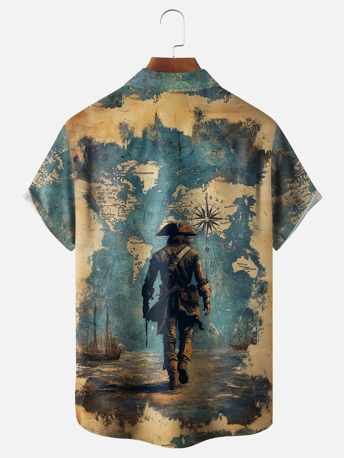 Moisture Wicking Vintage Pirate Map Chest Pocket Hawaiian Shirt