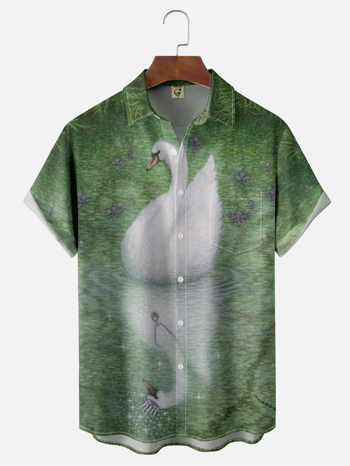 Moisture-wicking Fantasy Swan Art Chest Pocket Casual Shirt