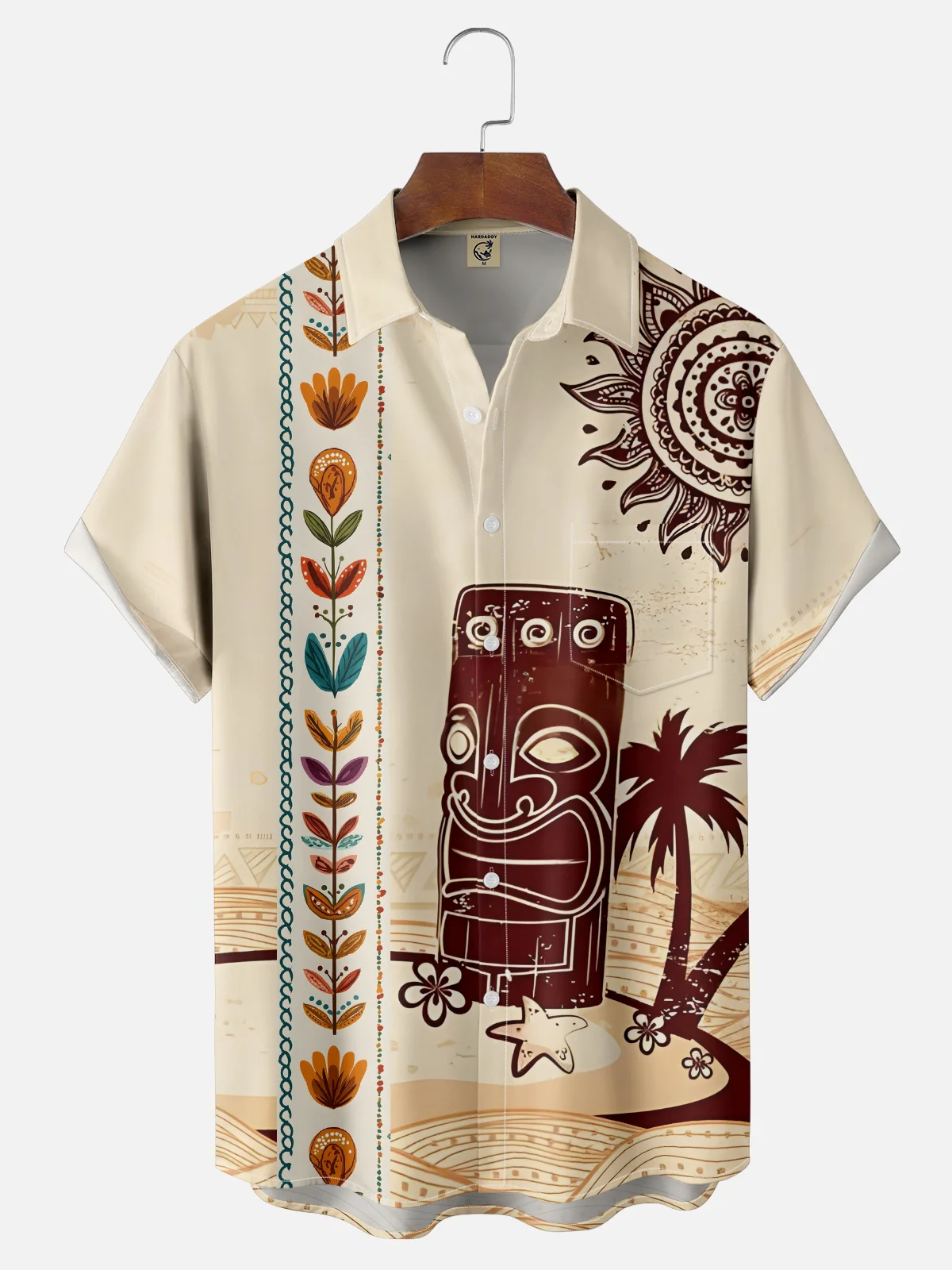 Moisture-wicking Tiki Coconut Tree Chest Pocket Bowling Shirt