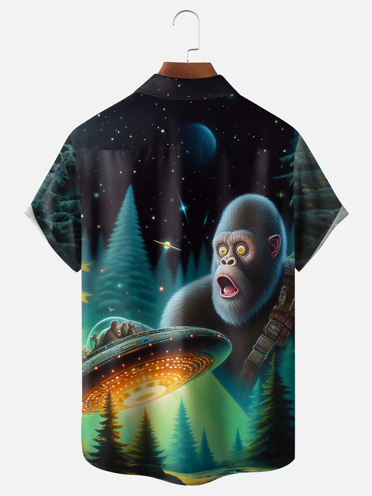 Moisture Wicking Ombre UFO Bigfoot Chest Pocket Hawaiian Shirt