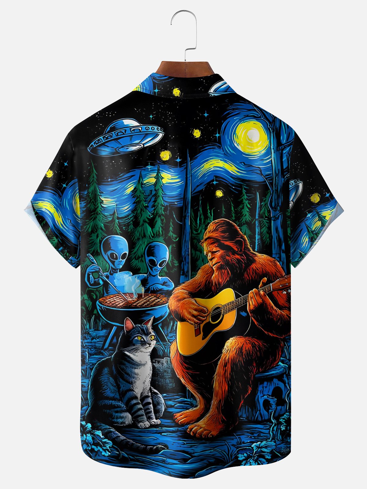 Moisture Wicking BBQ UFO Bigfoot Cat Art Chest Pocket Hawaiian Shirt