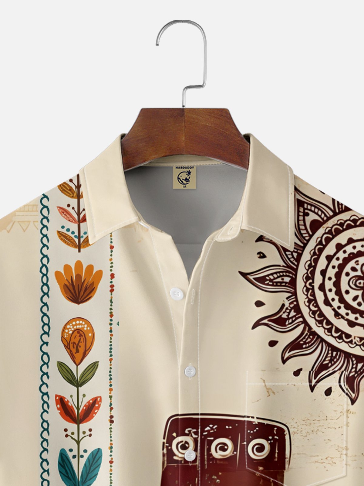 Moisture-wicking Tiki Coconut Tree Chest Pocket Bowling Shirt
