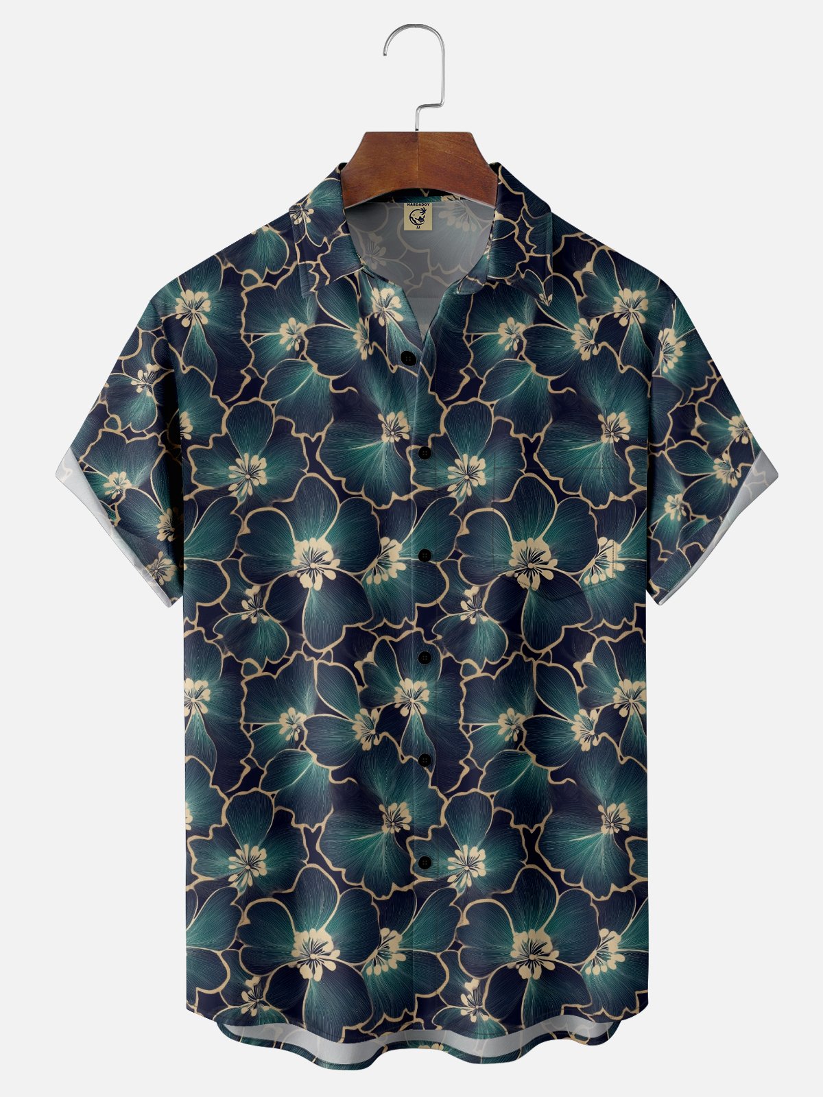 Moisture Wicking Gradient Gold Edge Floral Chest Pocket Hawaiian Shirt