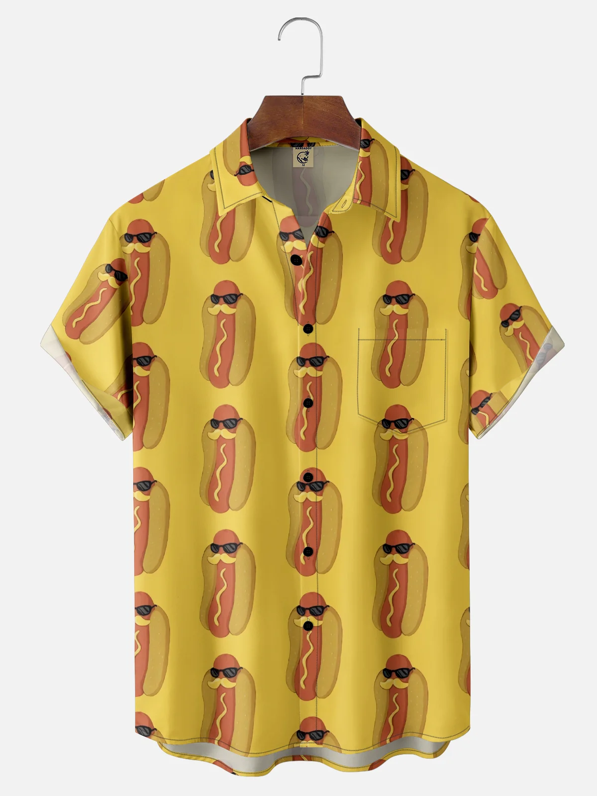 Moisture Wicking Fun Hot Dog Festival Chest Pocket Hawaiian Shirt