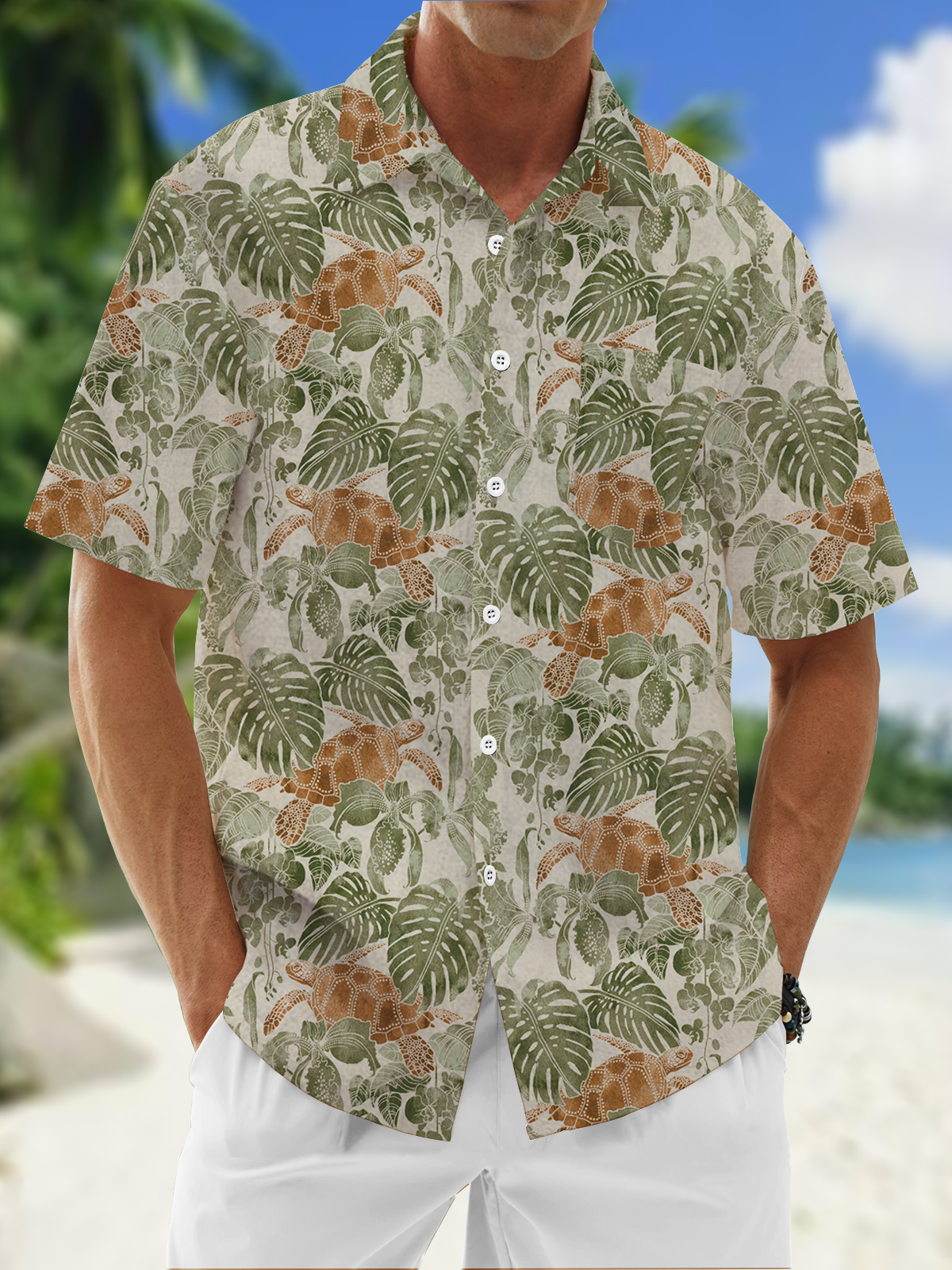 Moisture Wicking Vintage Botanical Turtle Hawaiian Shirt