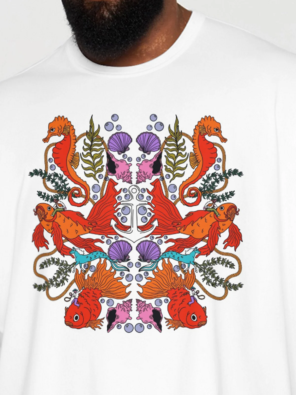 Hardaddy X Motel Gemini Mens Marine Seahorse Goldfish Conch Scallop Short Sleeve T-shirt Graphic Tee