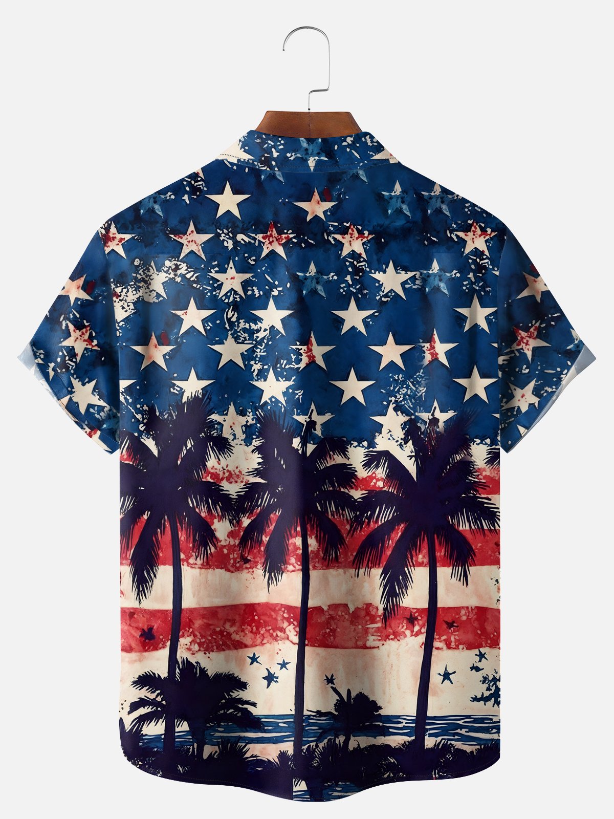 Big Size Moisture-wicking American Flag Palm Tree Chest Pocket Hawaiian Shirt