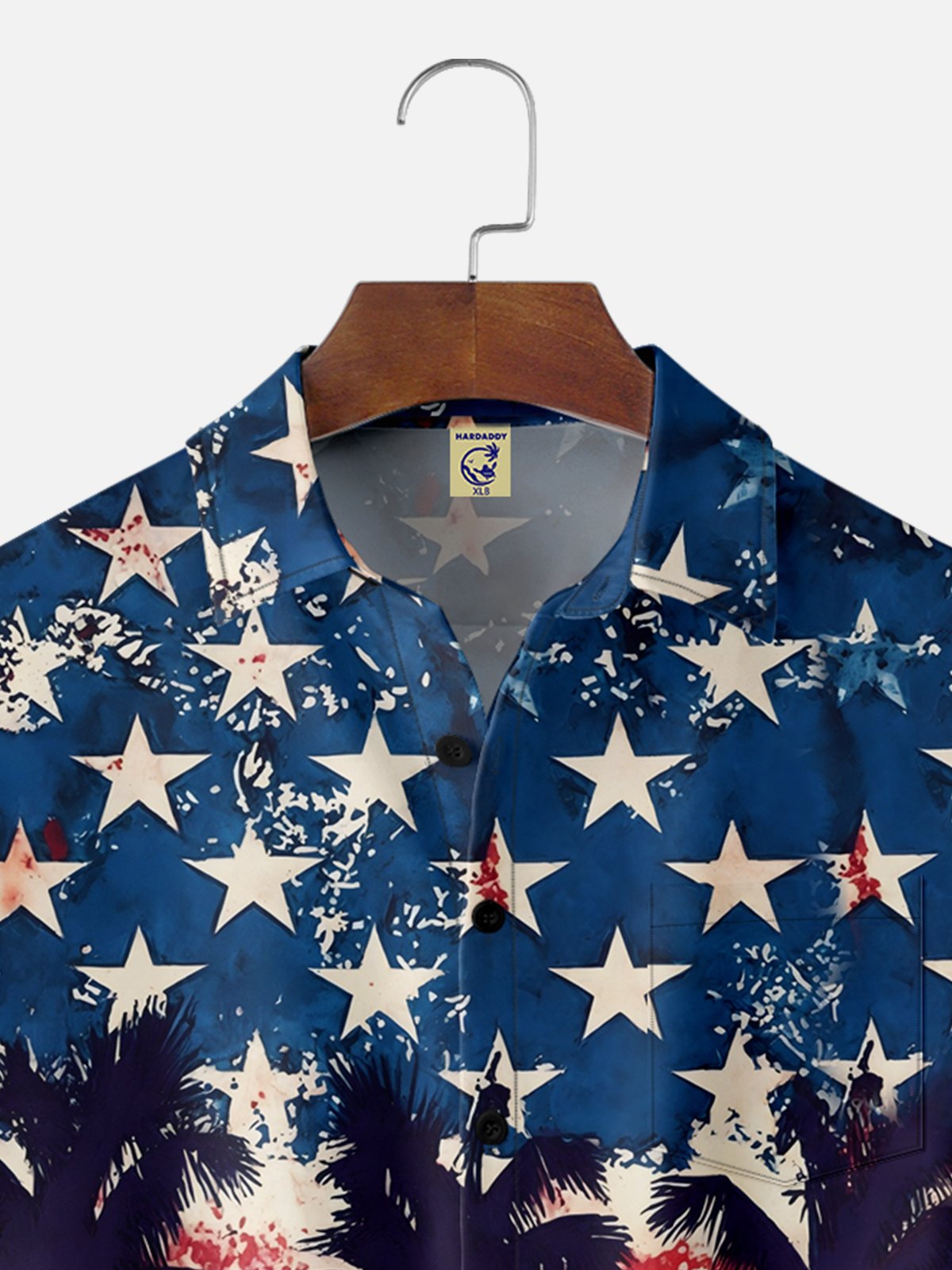 Big Size Moisture-wicking American Flag Palm Tree Chest Pocket Hawaiian Shirt