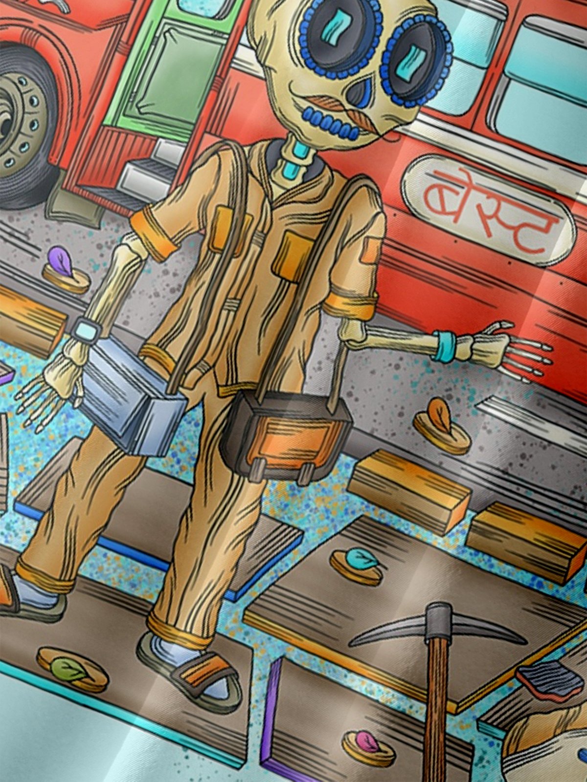 Hardaddy x Blucranium Moisture-wicking Fantastic Skull Bus Art Chest Pocket Casual Shirt
