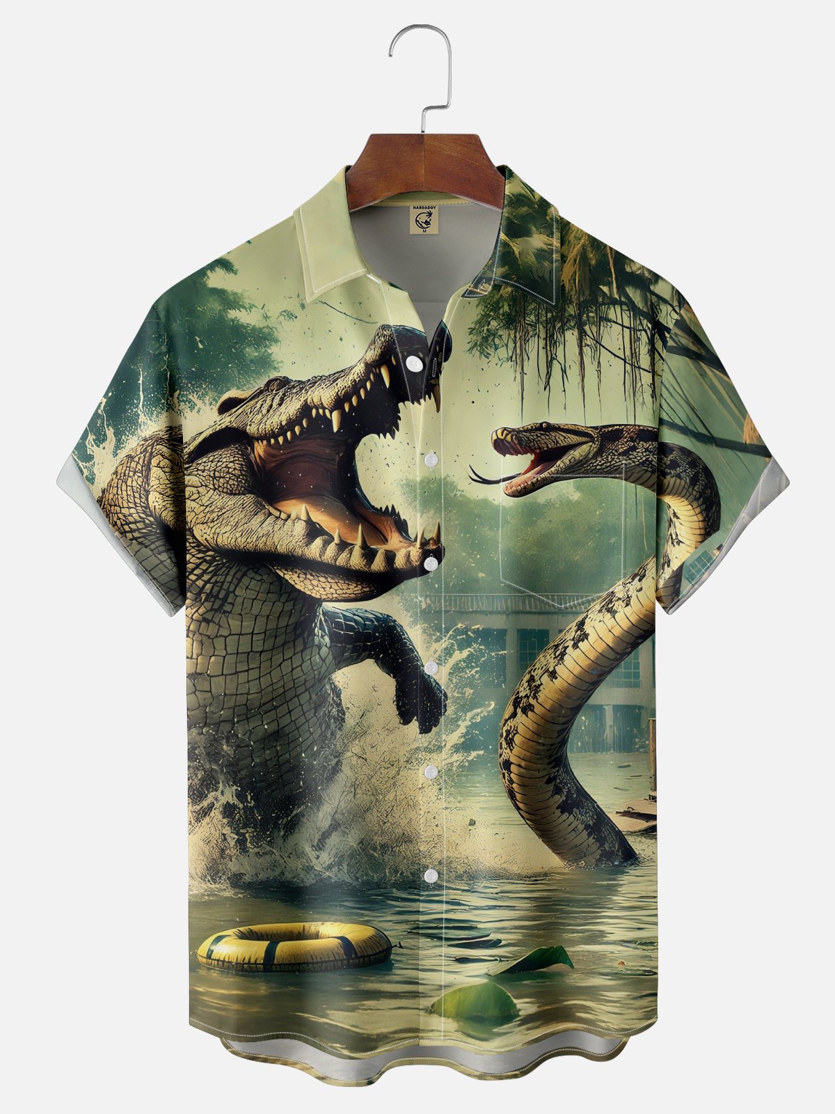 Moisture-wicking Alligator vs. Python Swamp Art Chest Pocket Hawaiian Shirt