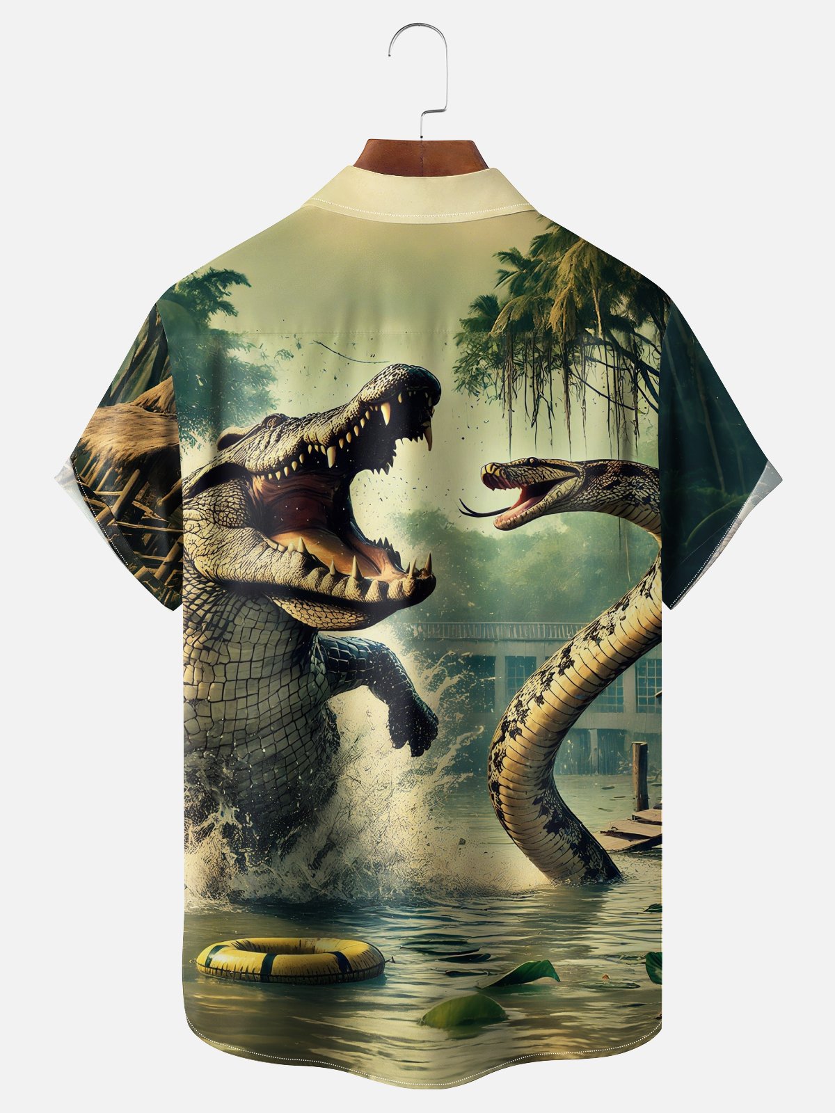Moisture-wicking Alligator vs. Python Swamp Art Chest Pocket Hawaiian Shirt