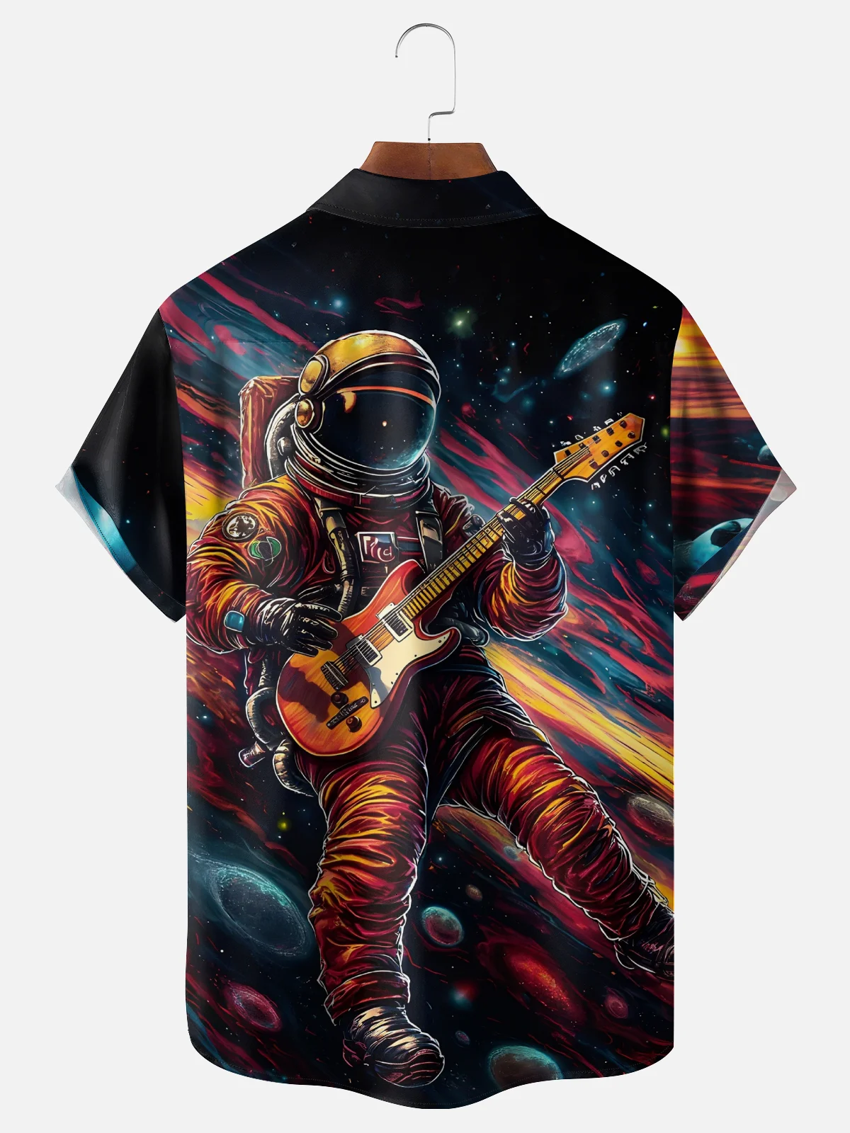 Moisture Wicking Music Guitar Astronaut Chest Pocket Hawaiian Shirt
