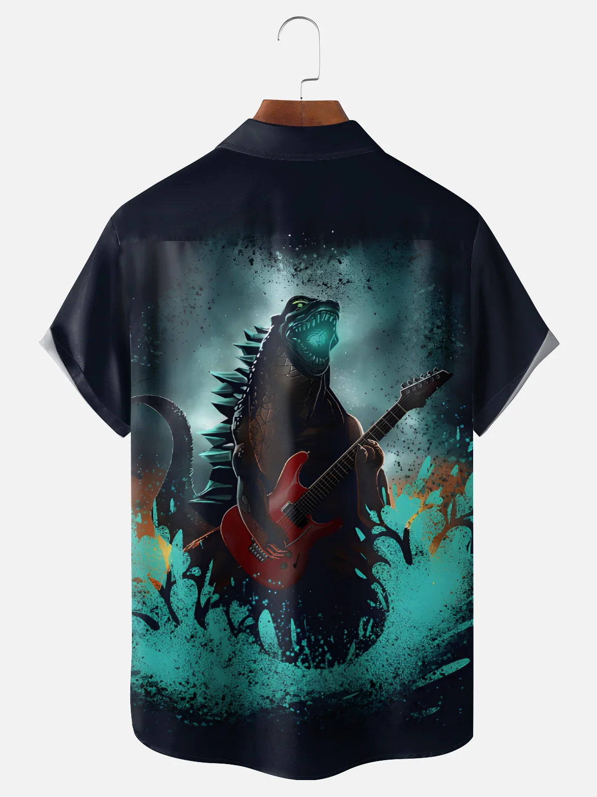 Moisture Wicking Music Guitar Dinosaur Chest Pocket Hawaiian Shirt