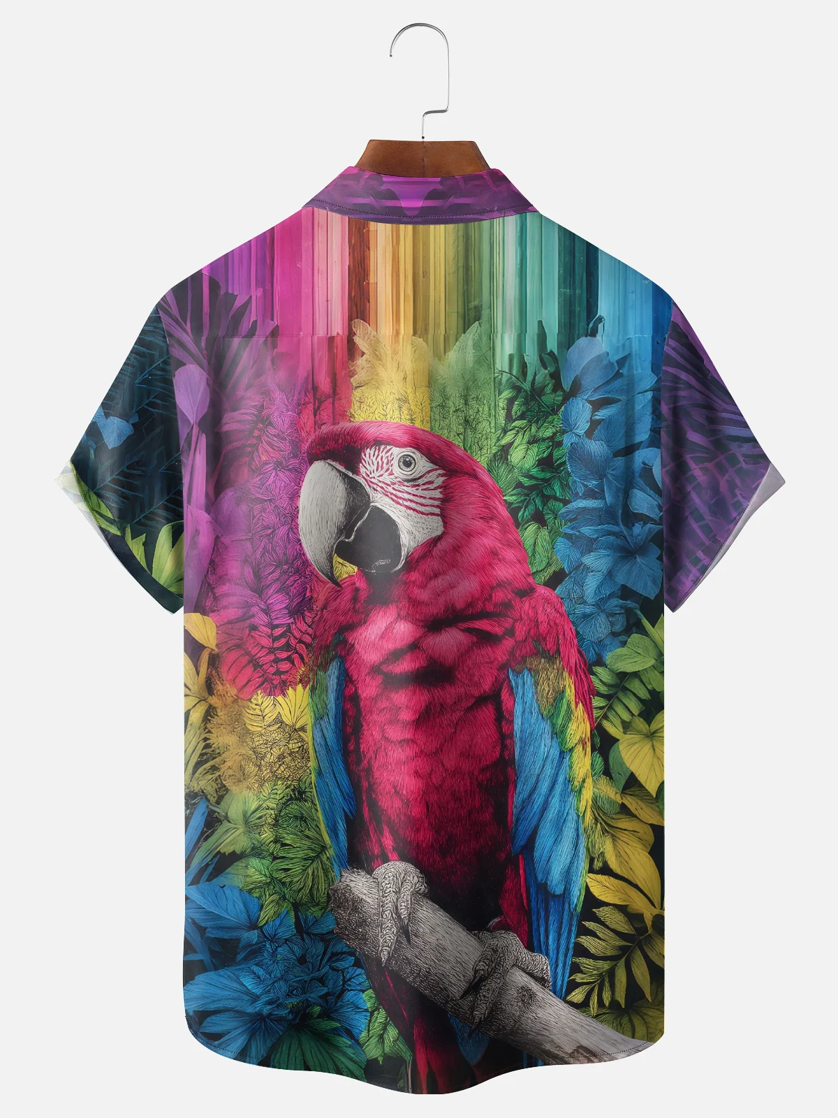 Moisture-Wicking Gradient Parrot Tropical Plant Chest Pocket Hawaiian Shirt