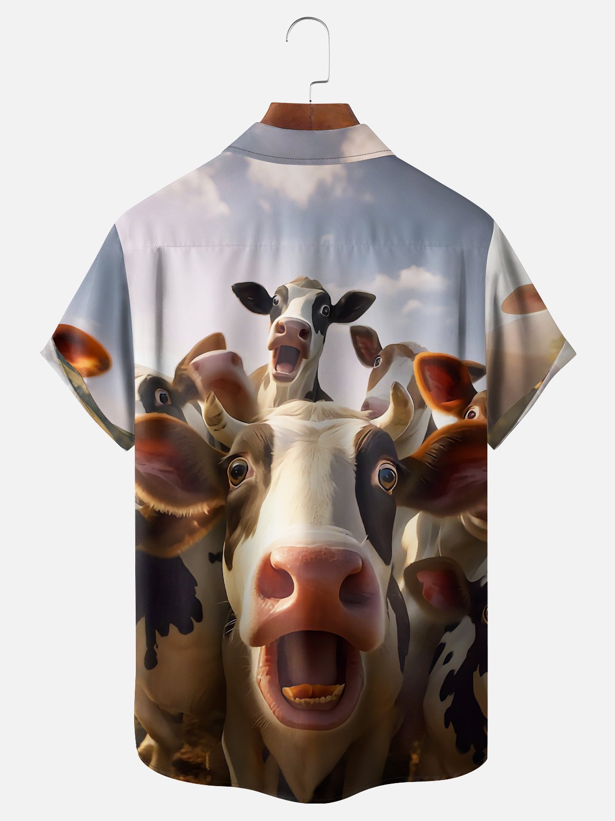Moisture-Wicking Fun Headshot Cow Chest Pocket Hawaiian Shirt