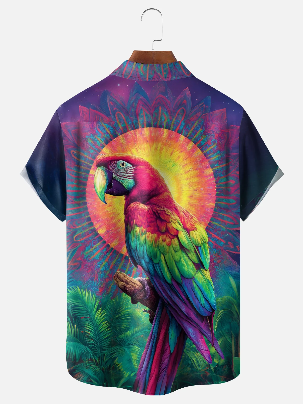Moisture-Wicking Ombre Parrot Palm Leaf Chest Pocket Hawaiian Shirt