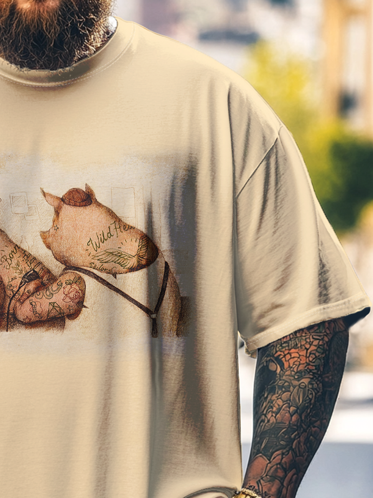 Hardaddy x Mikekoubou Big Size Men's Funny Tattoo Pig Art Loose T-shirt