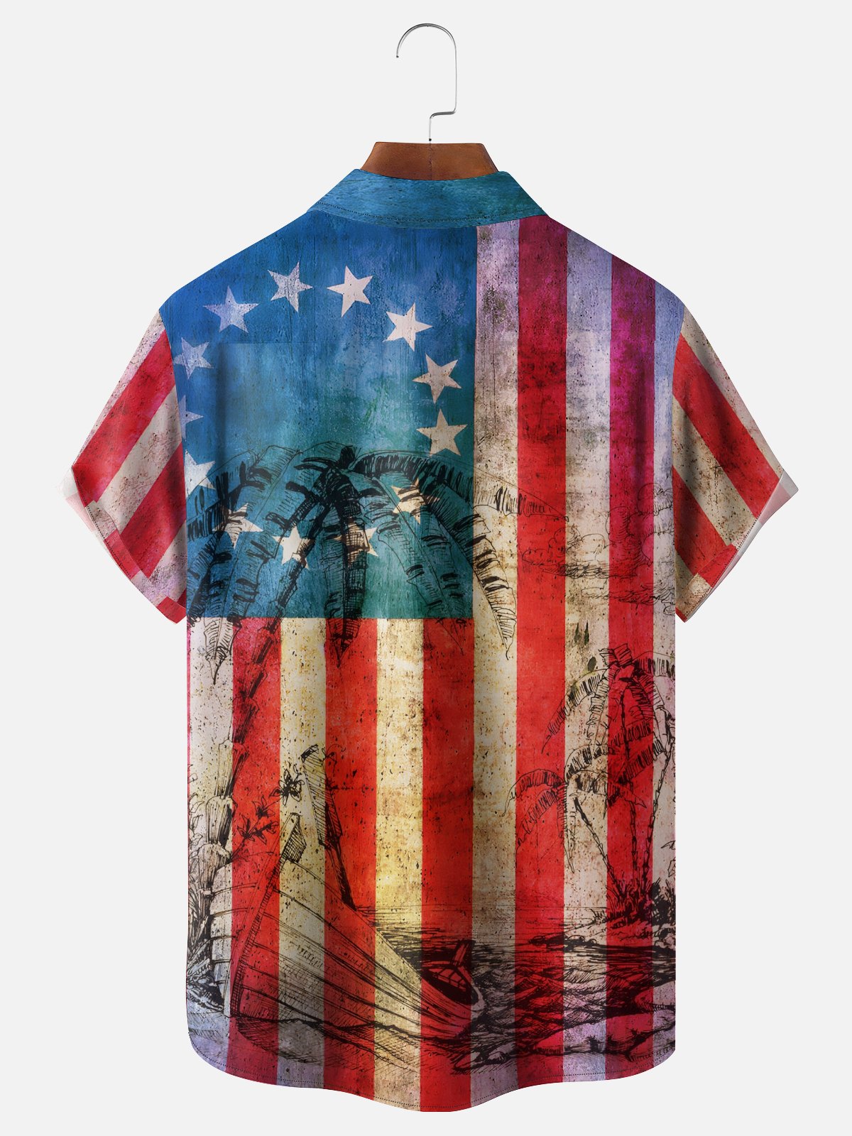 Moisture Wicking Gradient American Flag Sailboat Coconut Tree Line Drawing Chest Pocket Hawaiian Shirt