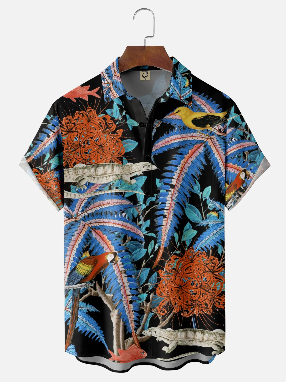 Hardaddy x Emmar Studio Moisture Wicking Vintage Plants, Birds, Parrots, Lizards Chest Pocket Hawaiian Shirt