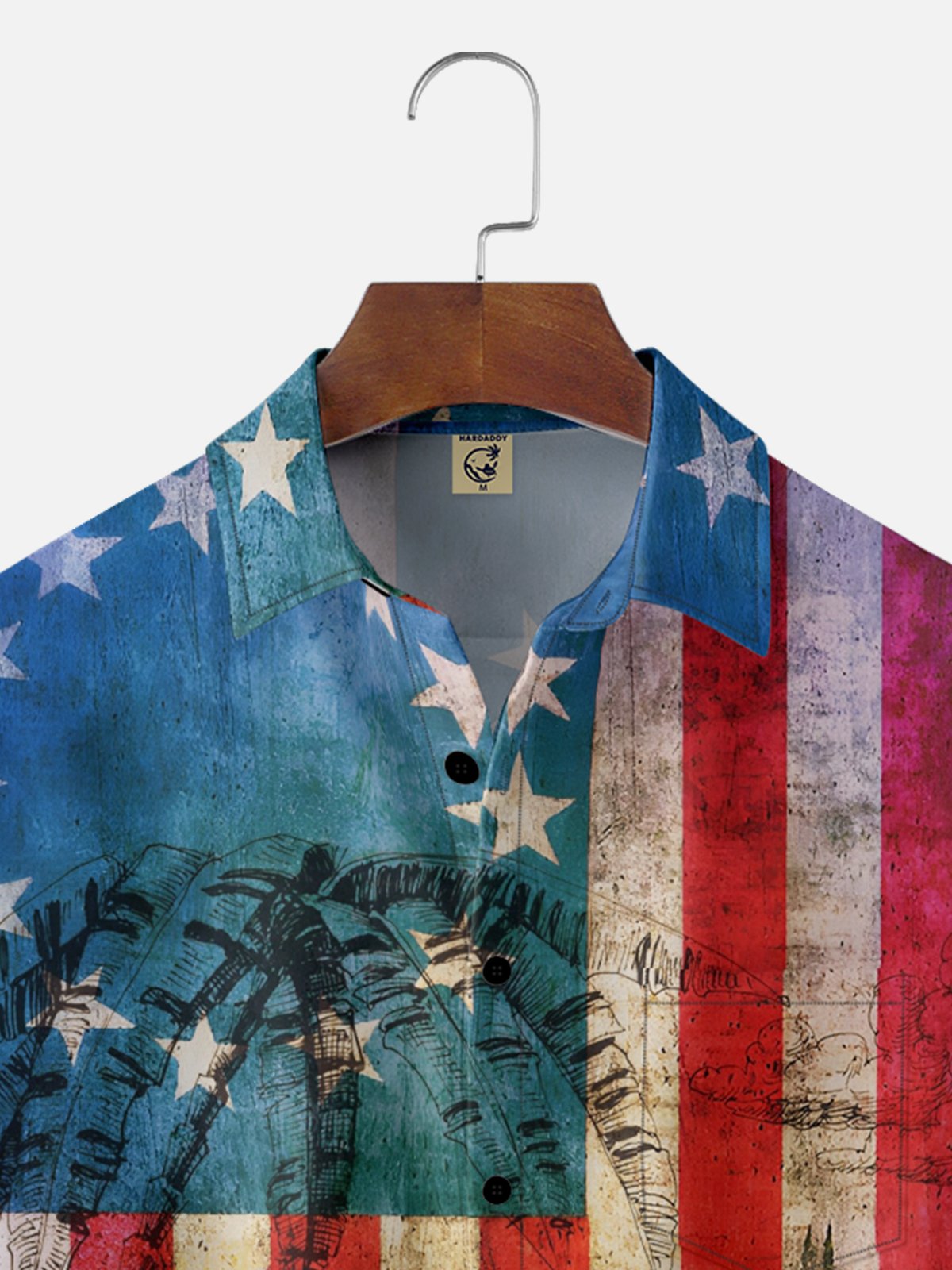 Moisture Wicking Gradient American Flag Sailboat Coconut Tree Line Drawing Chest Pocket Hawaiian Shirt