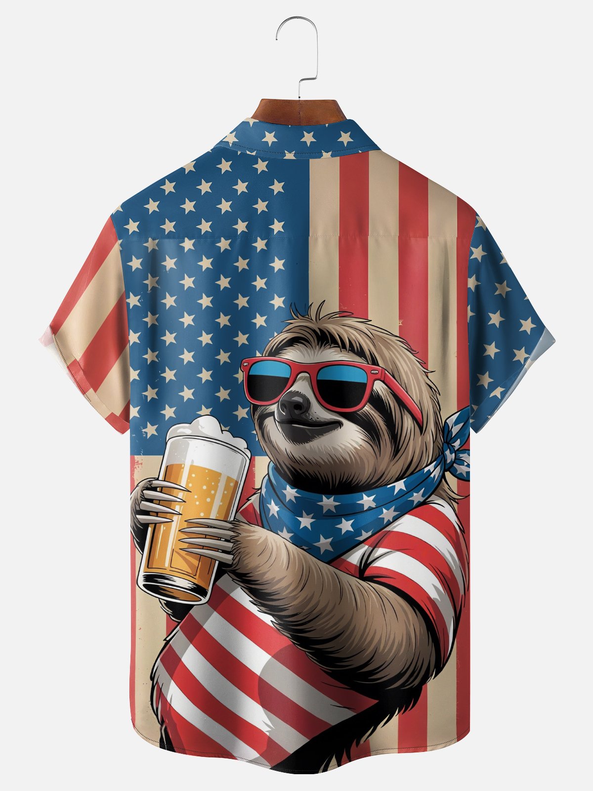 Moisture Wicking American Flag Sloth Cheers Oktoberfest Chest Pocket Hawaiian Shirt