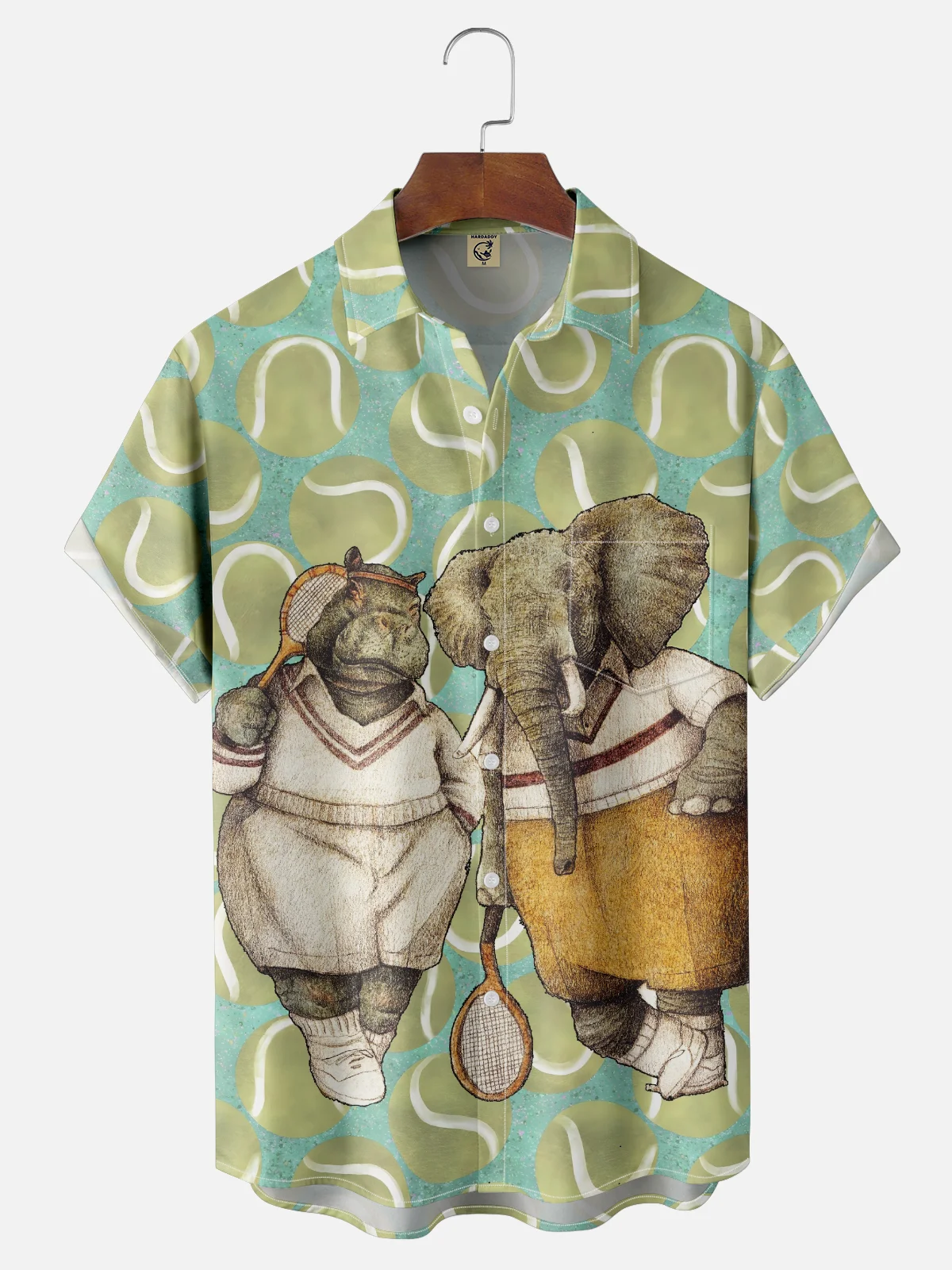 Hardaddy x Mikekoubou Moisture Wicking Art Elephant Playing Tennis Chest Pocket Hawaiian Shirt