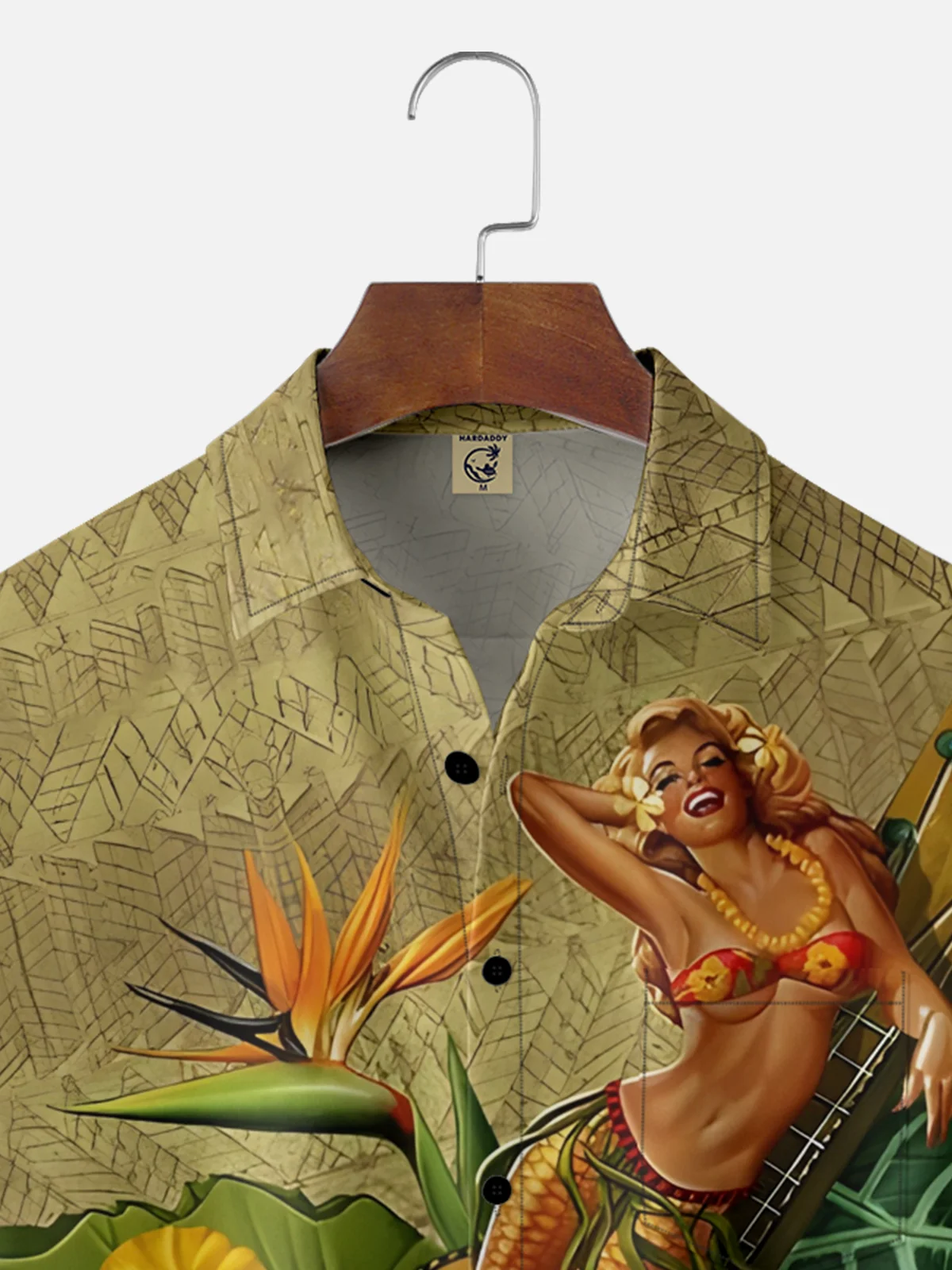 Moisture Wicking Hula Girl Guitar Chest Pocket Hawaiian Shirt