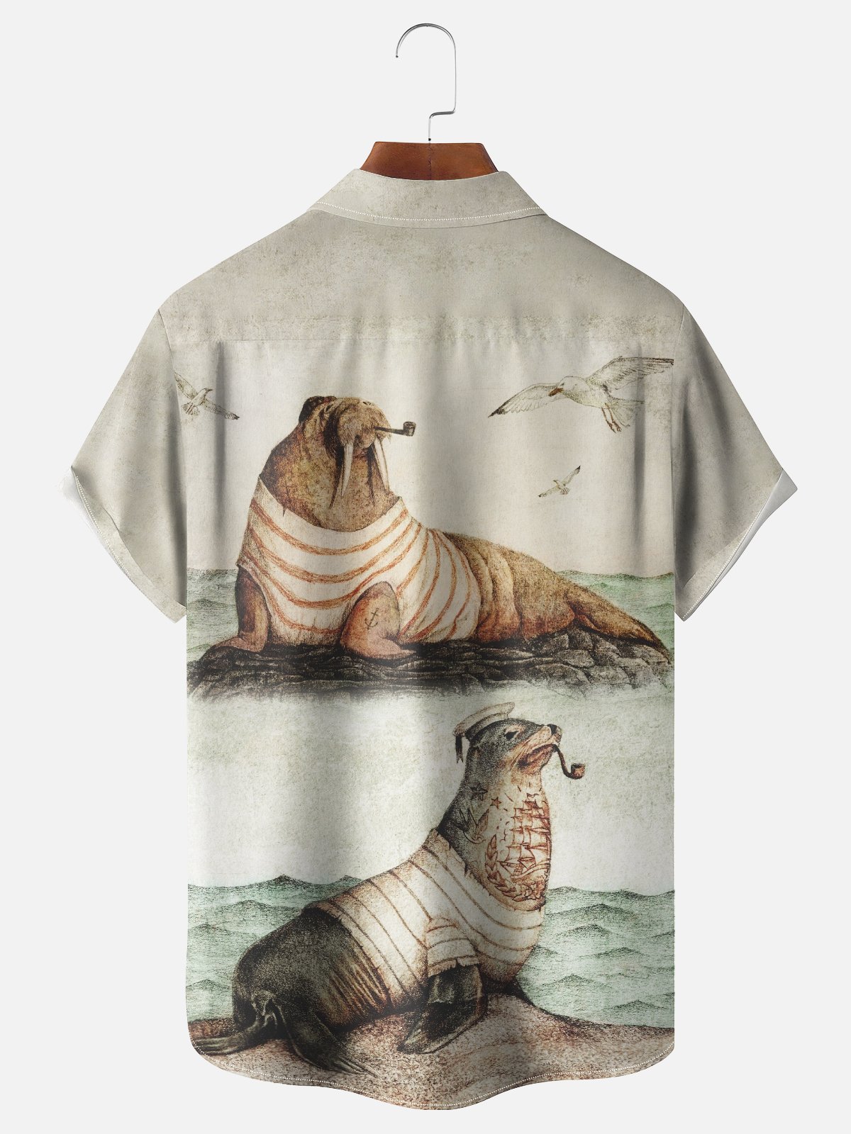 Hardaddy x Mikekoubou Moisture Wicking Art Walrus Seagull Chest Pocket Hawaiian Shirt