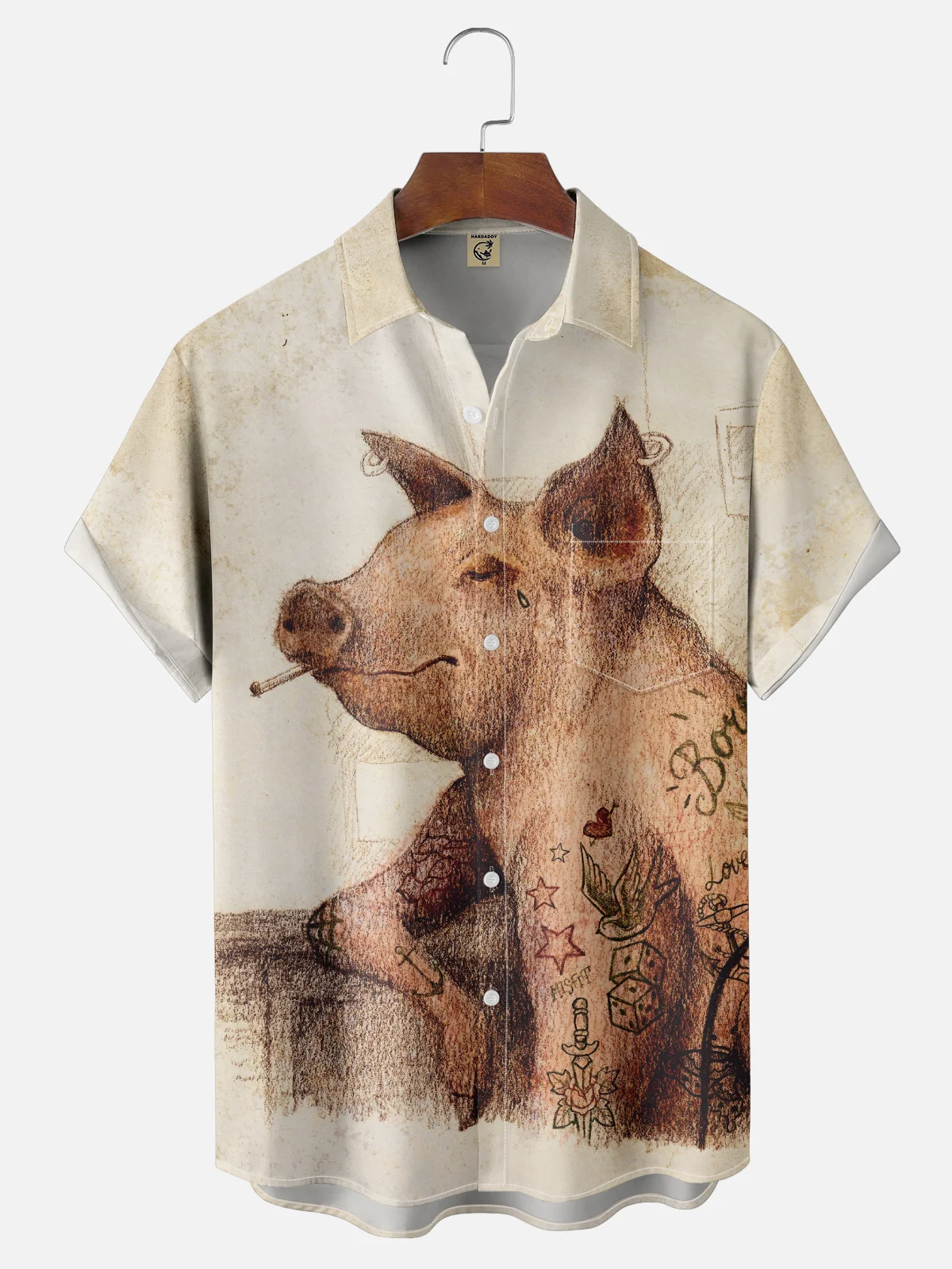 Hardaddy x Mikekoubou Moisture Wicking Artwork Fun Tattoo Pig Chest Pocket Hawaiian Shirt