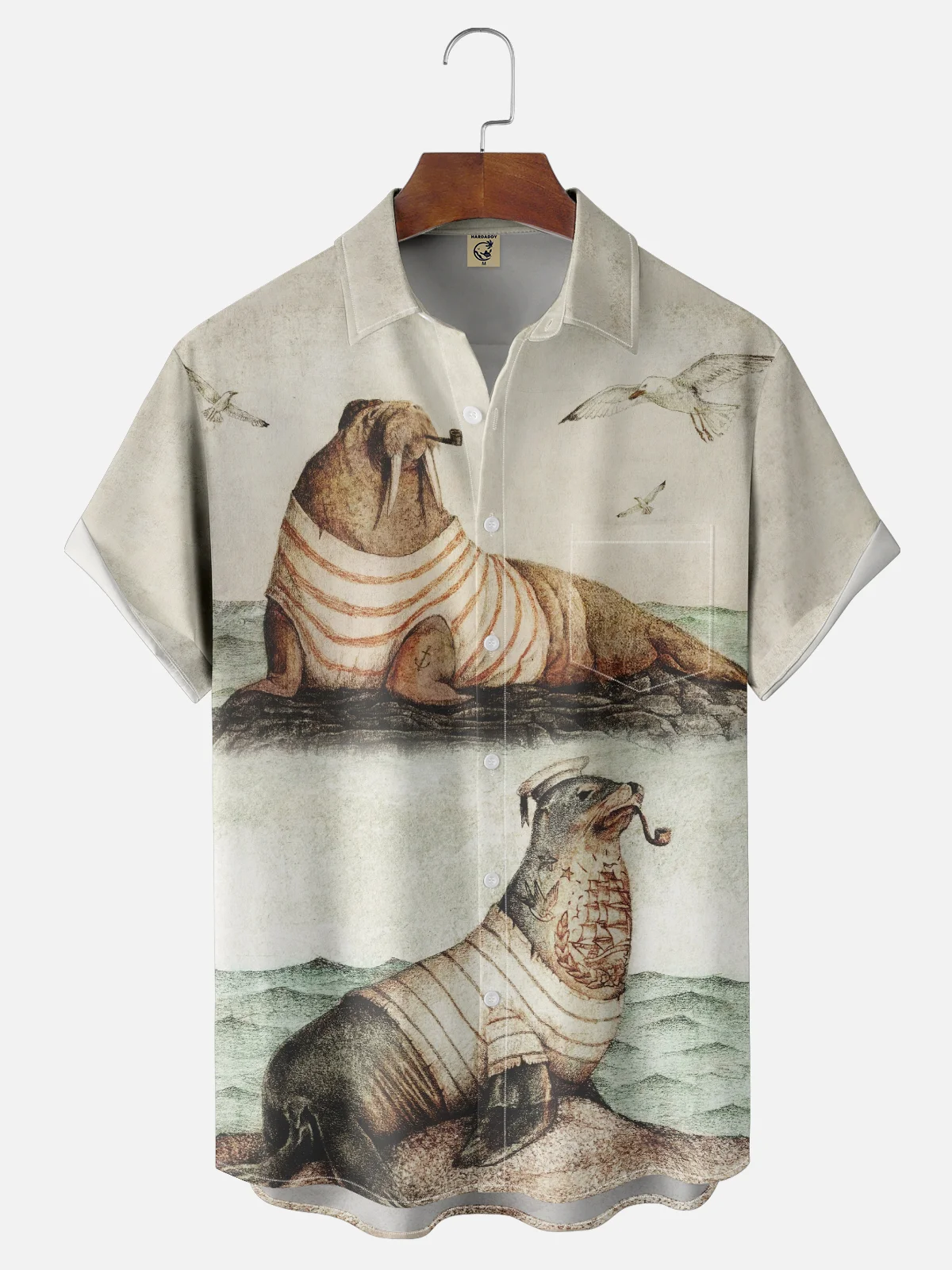Hardaddy x Mikekoubou Moisture Wicking Art Walrus Seagull Chest Pocket Hawaiian Shirt