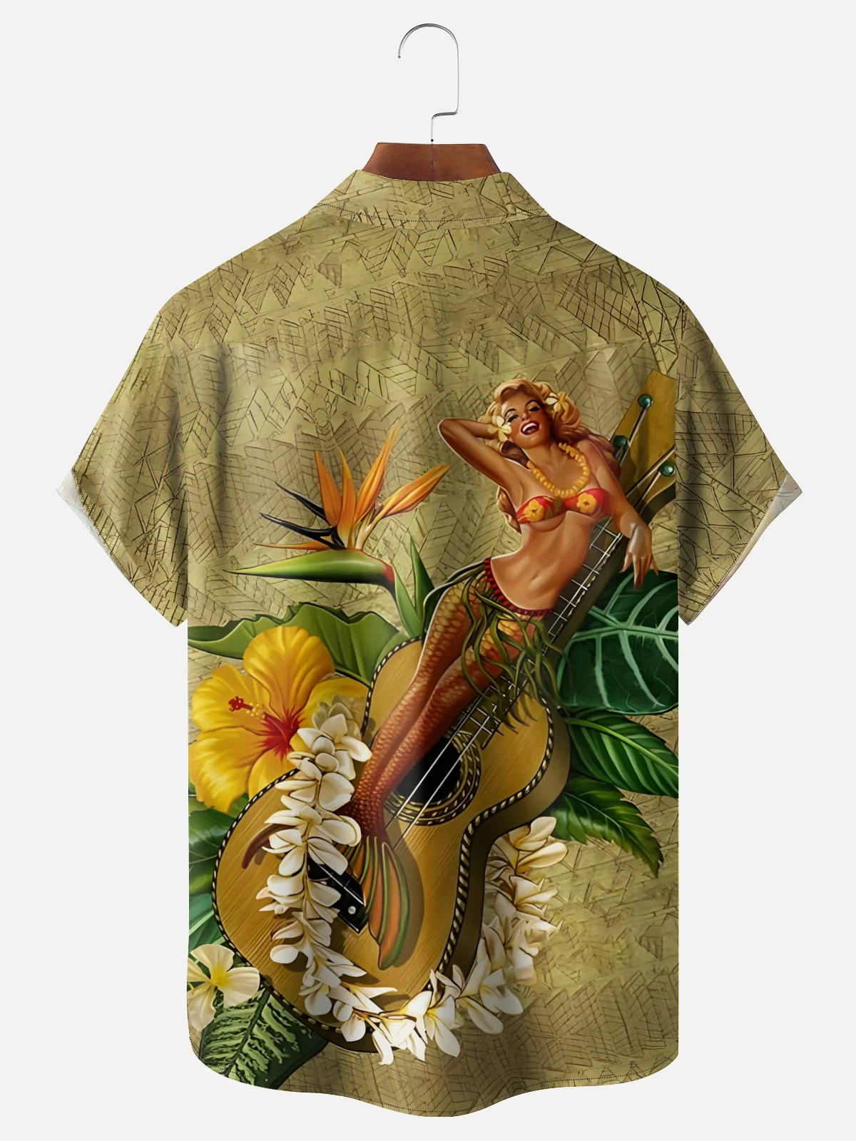 Moisture Wicking Hula Girl Guitar Chest Pocket Hawaiian Shirt
