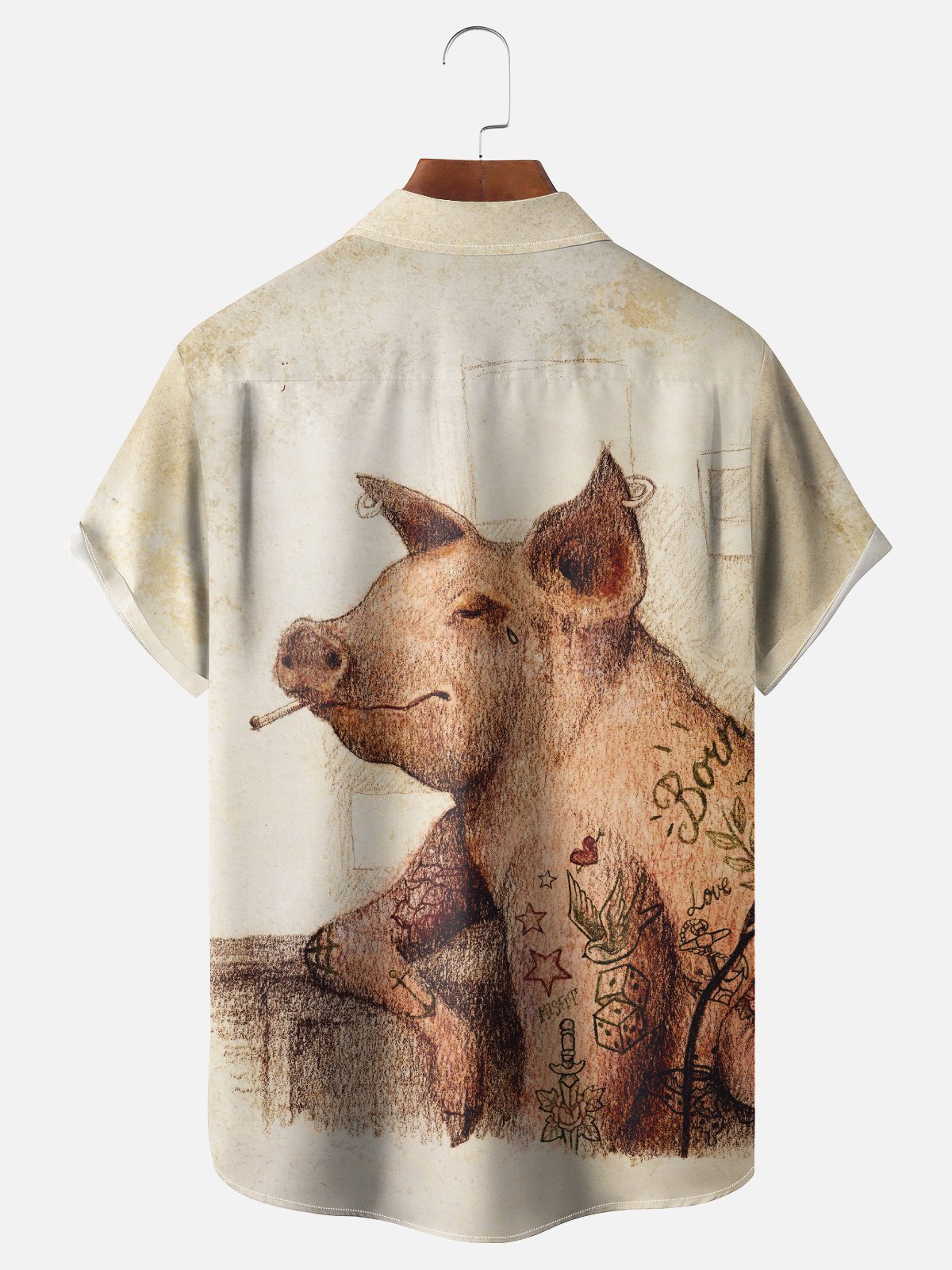 Hardaddy x Mikekoubou Moisture Wicking Artwork Fun Tattoo Pig Chest Pocket Hawaiian Shirt