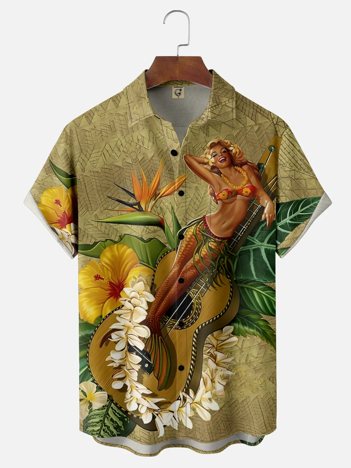 Moisture Wicking Hula Girl Guitar Chest Pocket Hawaiian Shirt