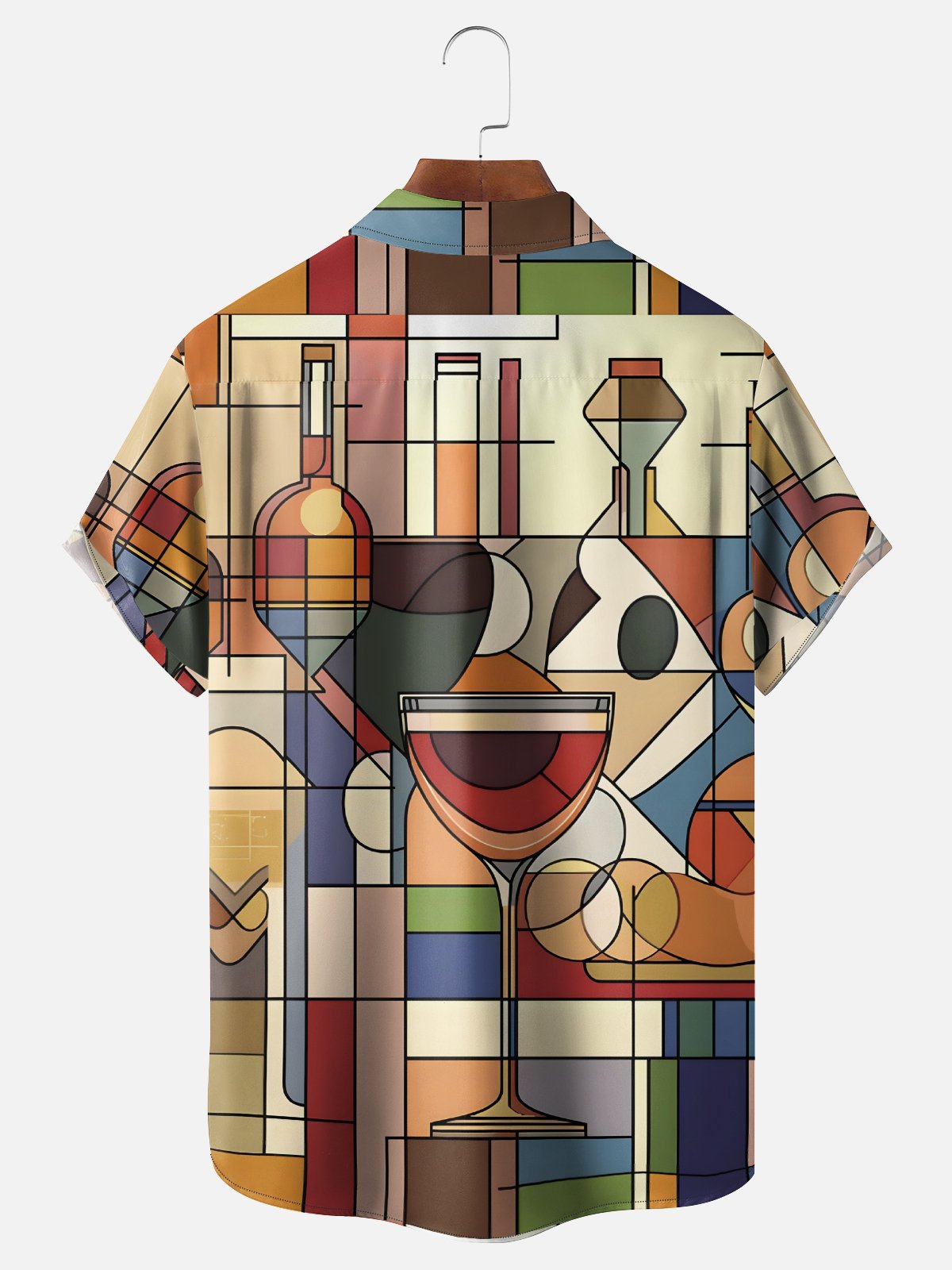 Moisture Wicking Geometric Color Block Wine Glass Chest Pocket Hawaiian Shirt