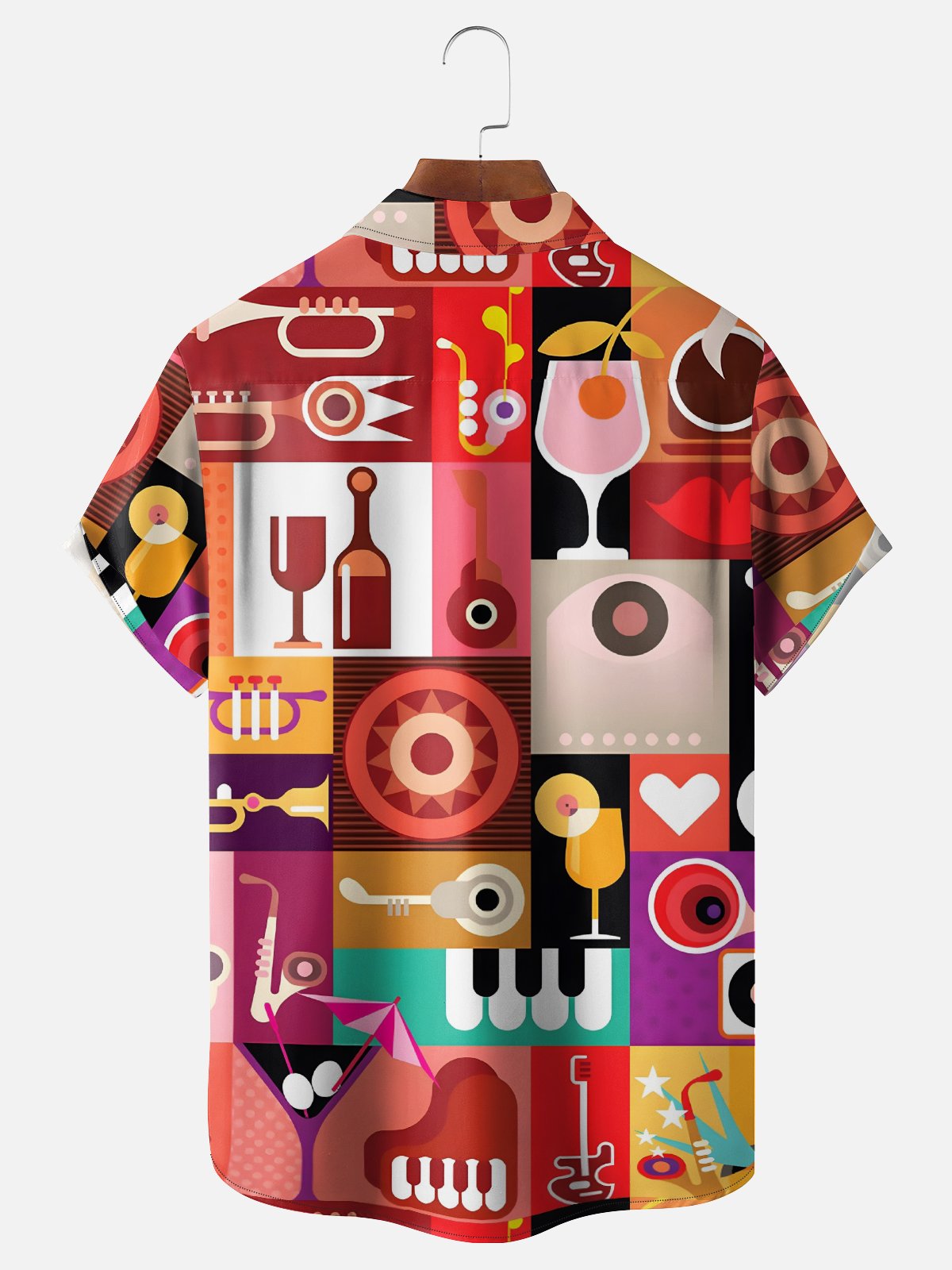 Moisture Wicking Geometric Color Block Cocktail Glass Chest Pocket Hawaiian Shirt