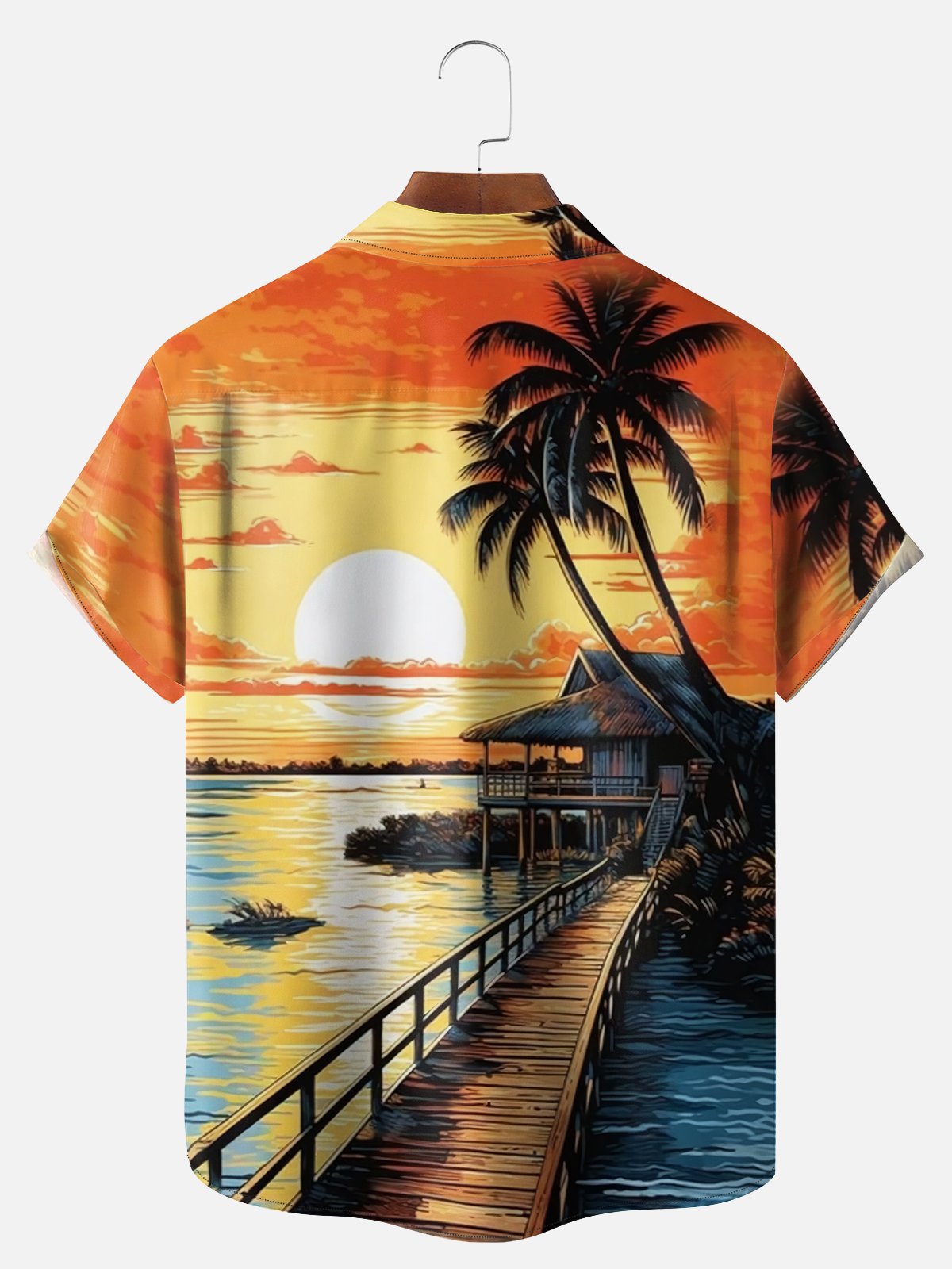 Big Size Moisture-wicking Sunset Gold Beach Chest Pocket Hawaiian Shirt