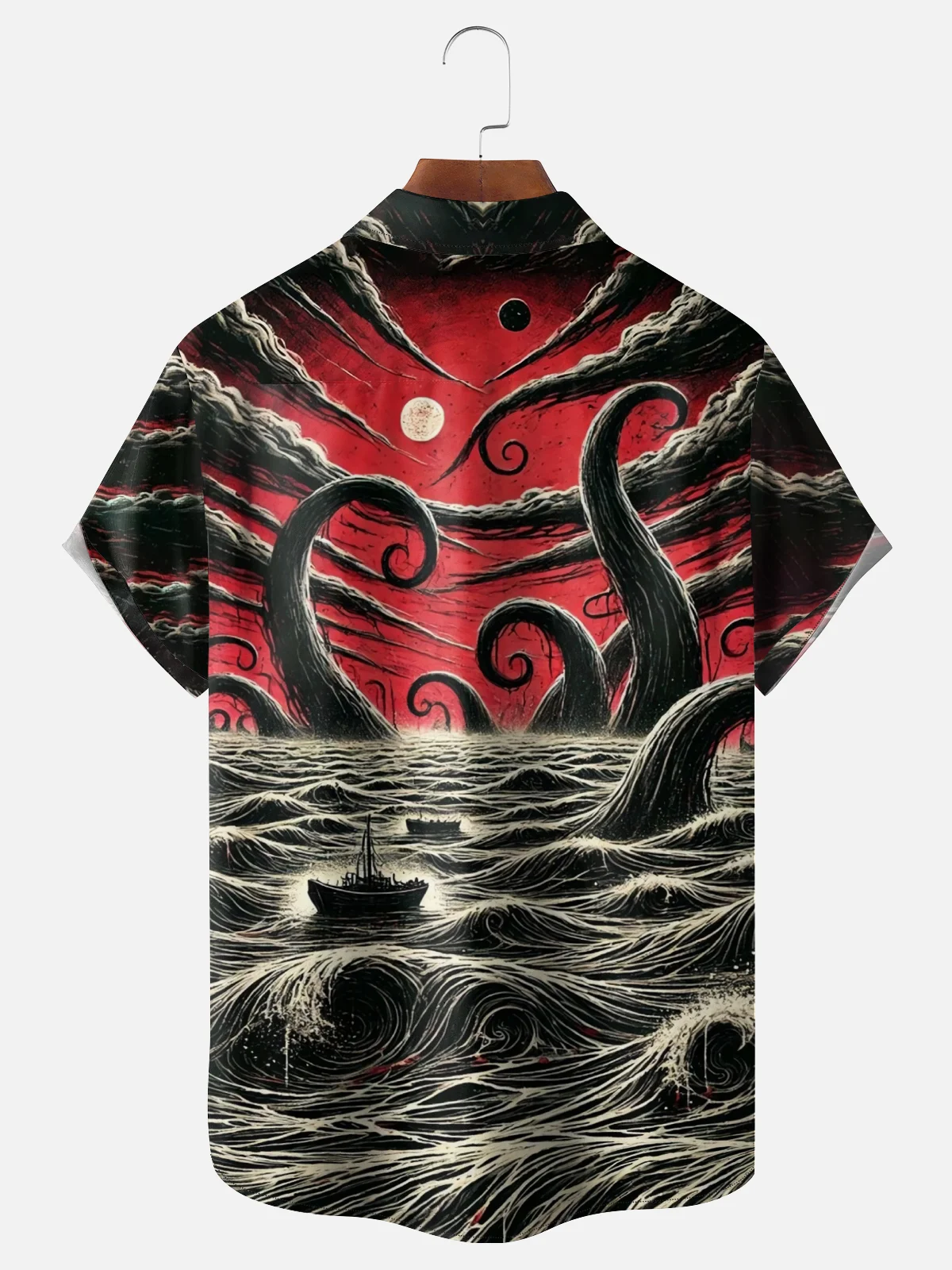 Moisture-wicking Ocean Cthulhu Sailboat Chest Pocket Hawaiian Shirt