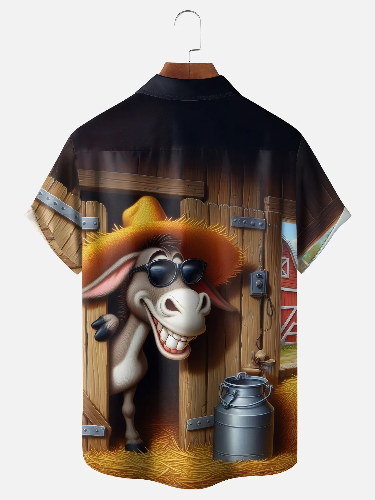 Moisture-wicking Funny Straw Hat Donkey Farm Chest Pocket Hawaiian Shirt
