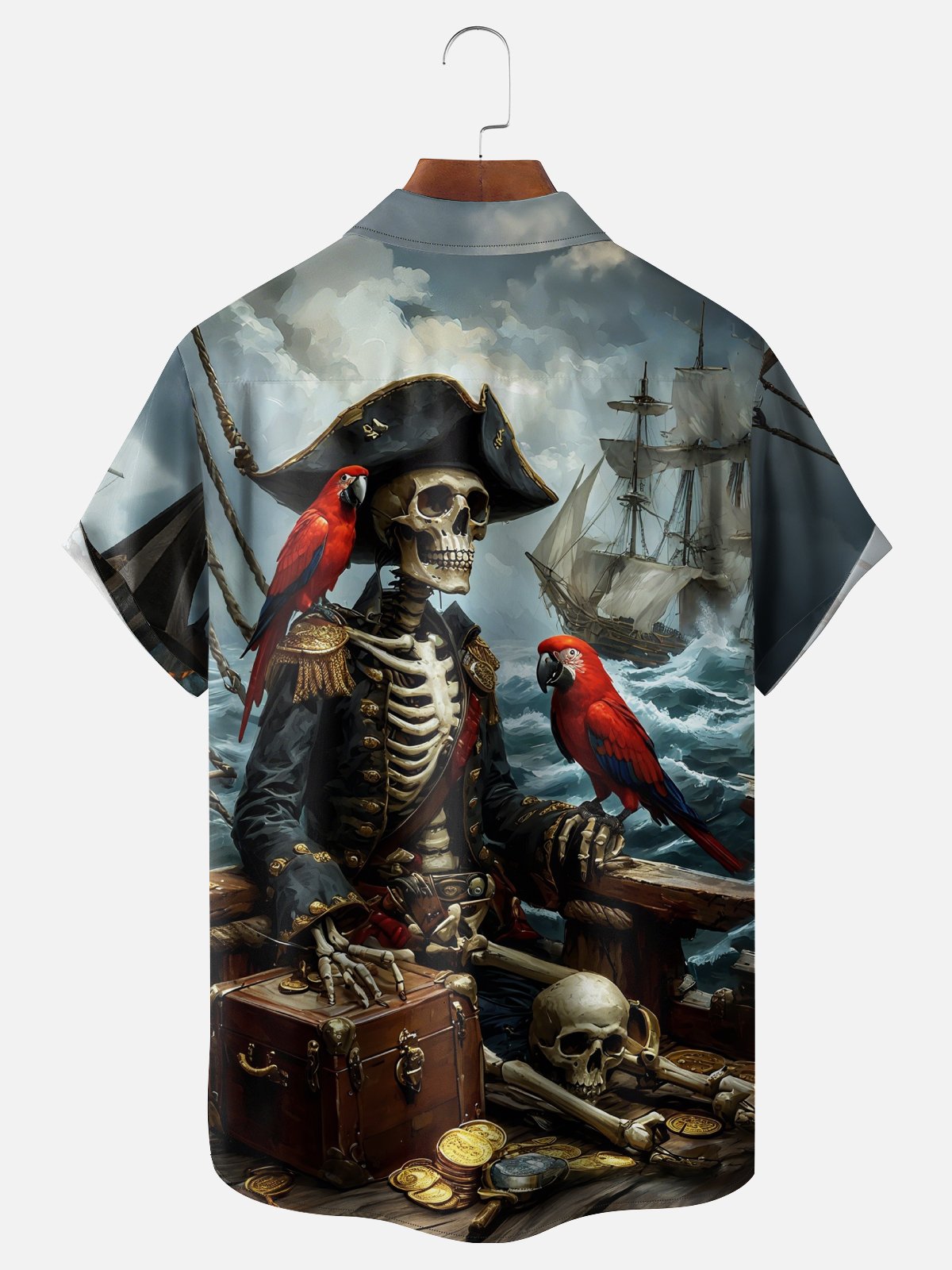 Moisture-wicking Ocean Skeleton Pirate Ship Chest Pocket Hawaiian Shirt