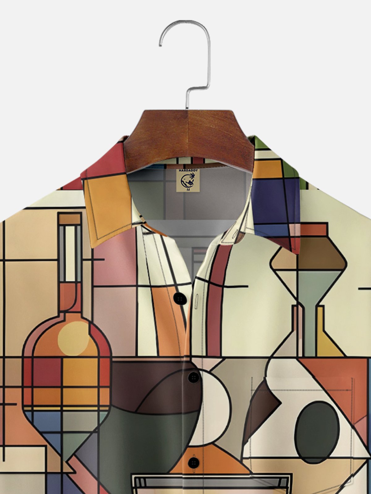 Moisture Wicking Geometric Color Block Wine Glass Chest Pocket Hawaiian Shirt