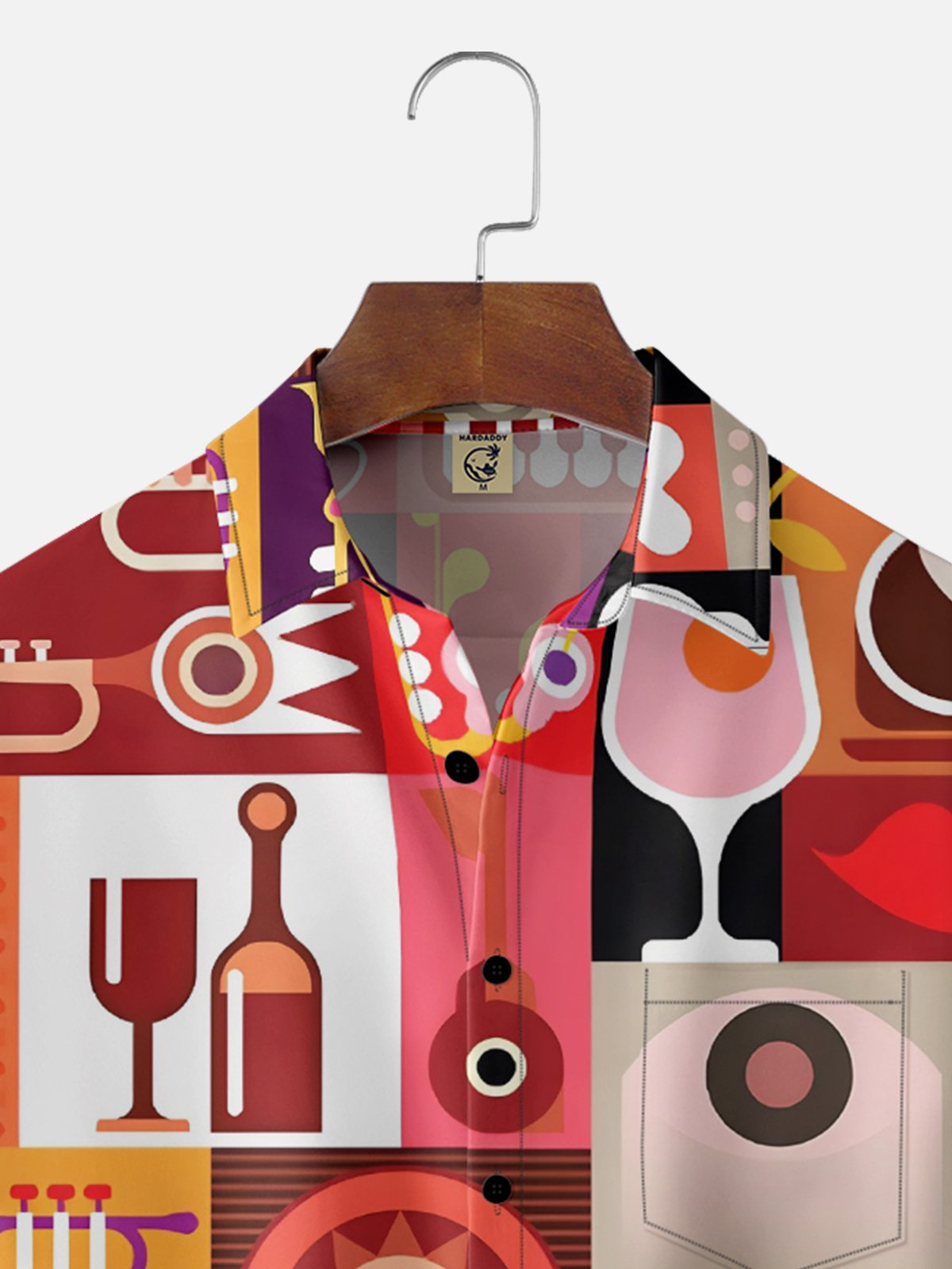 Moisture Wicking Geometric Color Block Cocktail Glass Chest Pocket Hawaiian Shirt