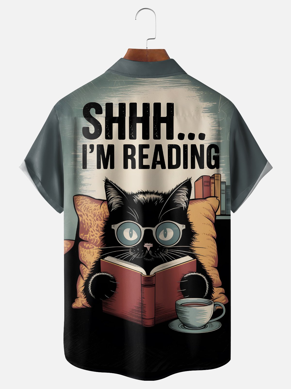 Moisture-wicking Black Cat Reading Chest Pocket Casual Shirt