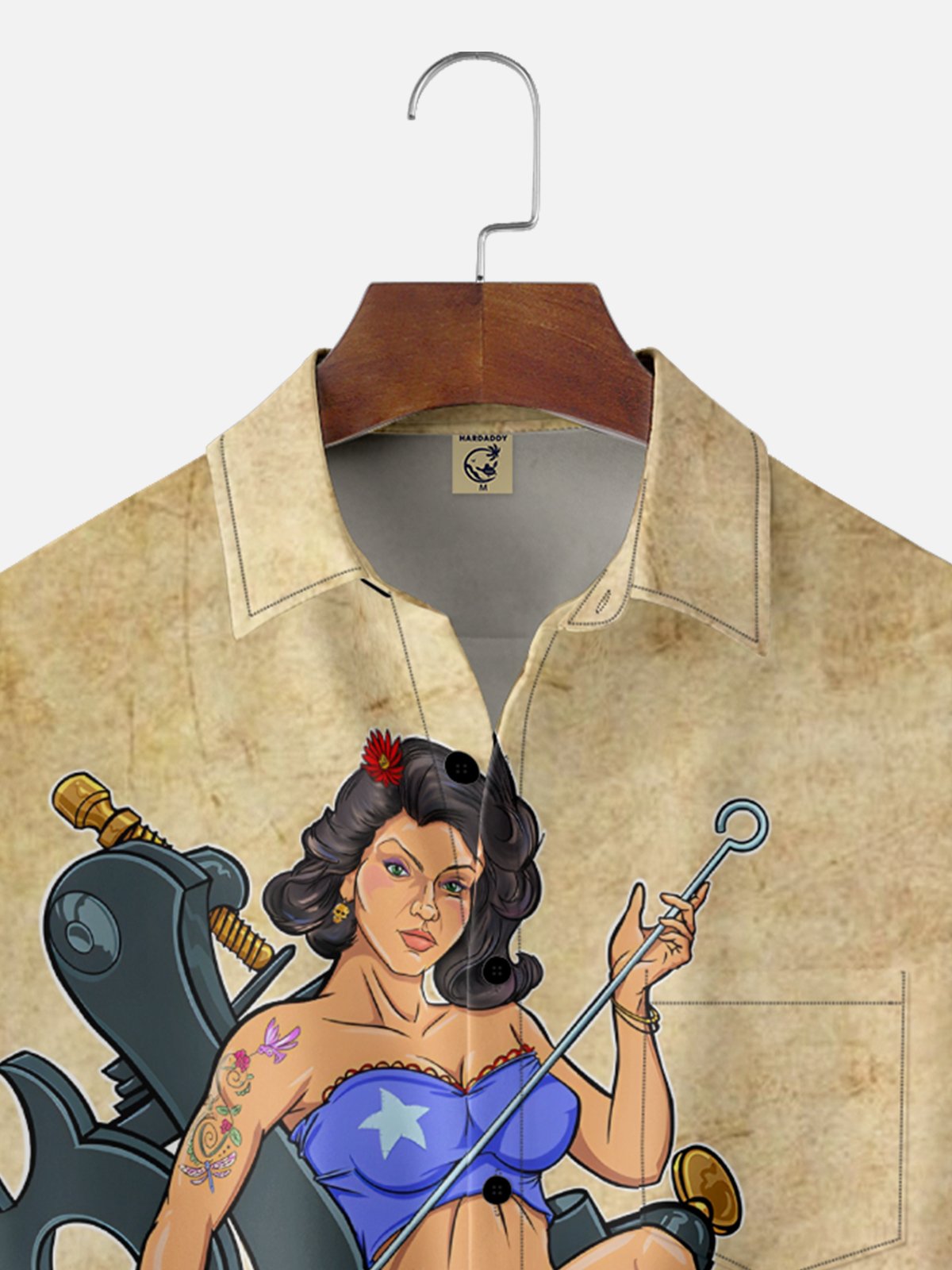 Hardaddy X John Nelson Moisture Wicking Vintage Tattoo Girl Chest Pocket Hawaiian Shirt