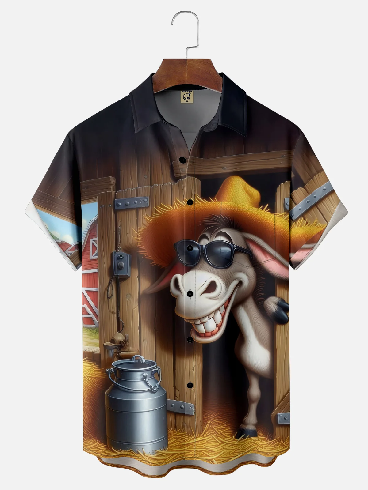 Moisture-wicking Funny Straw Hat Donkey Farm Chest Pocket Hawaiian Shirt