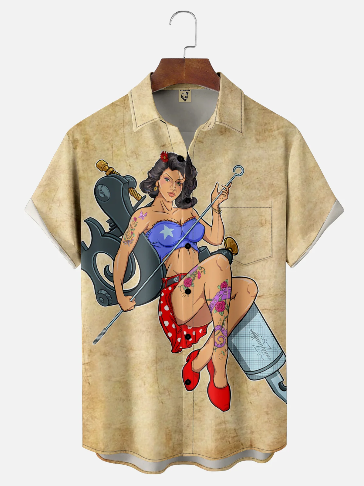 Hardaddy X John Nelson Moisture Wicking Vintage Tattoo Girl Chest Pocket Hawaiian Shirt