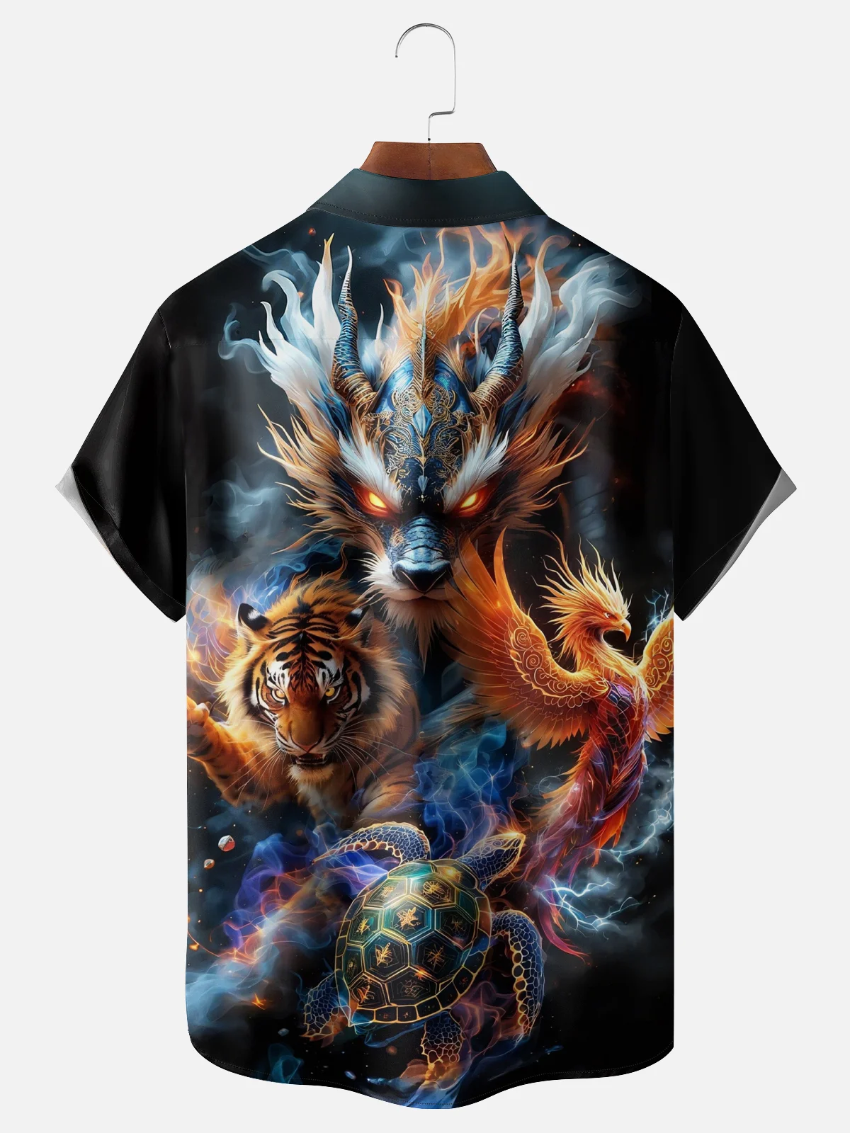 Moisture-wicking Tiger Dragon Phoenix Turtle Japanese Chest Pocket Hawaiian Shirt