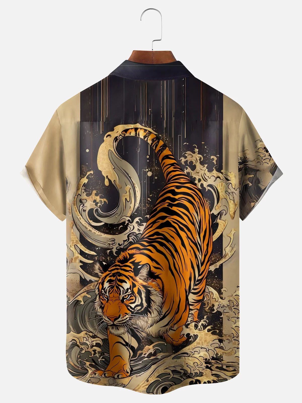 Moisture-wicking Ukiyo-e Tiger Japan Chest Pocket Hawaiian Shirt