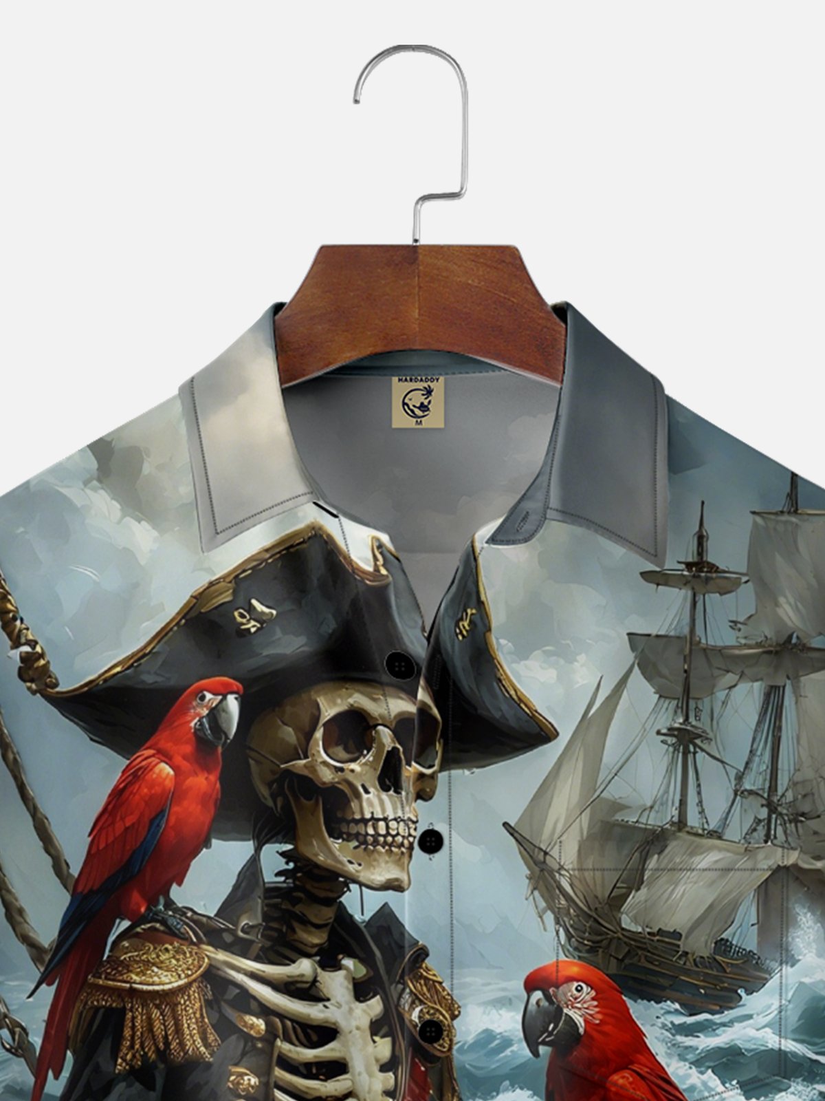 Moisture-wicking Ocean Skeleton Pirate Ship Chest Pocket Hawaiian Shirt