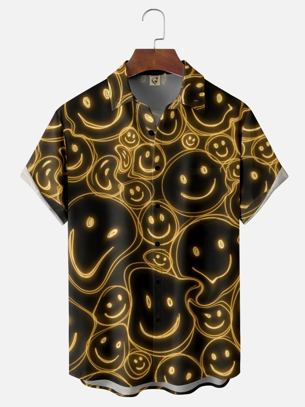 Moisture Wicking Abstract Smiley Face Chest Pocket Hawaiian Shirt