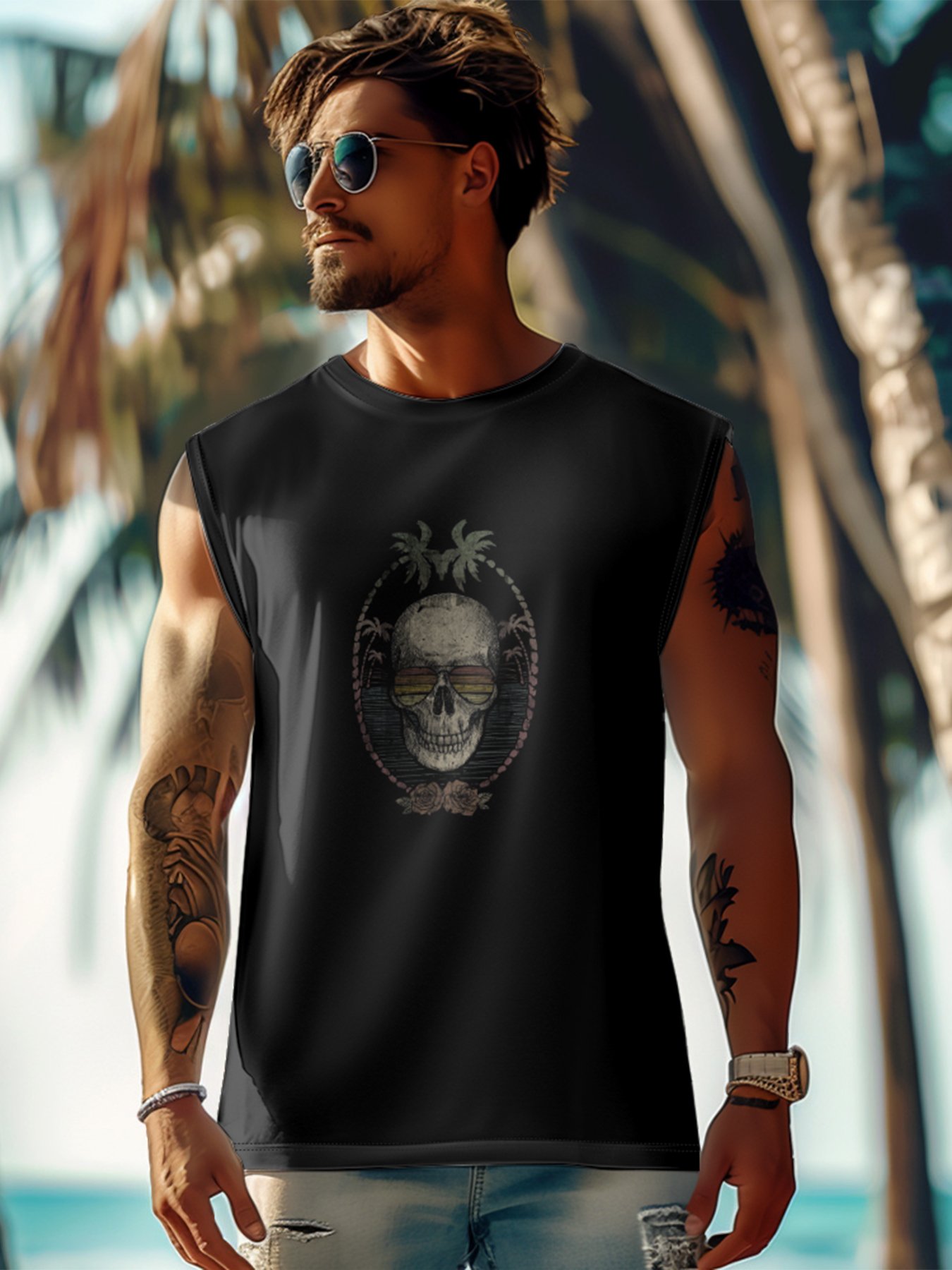 Hardaddy X Mikekoubou Mens Crewneck Tank Tops Skull Palm Beach Sleeveless Shirt